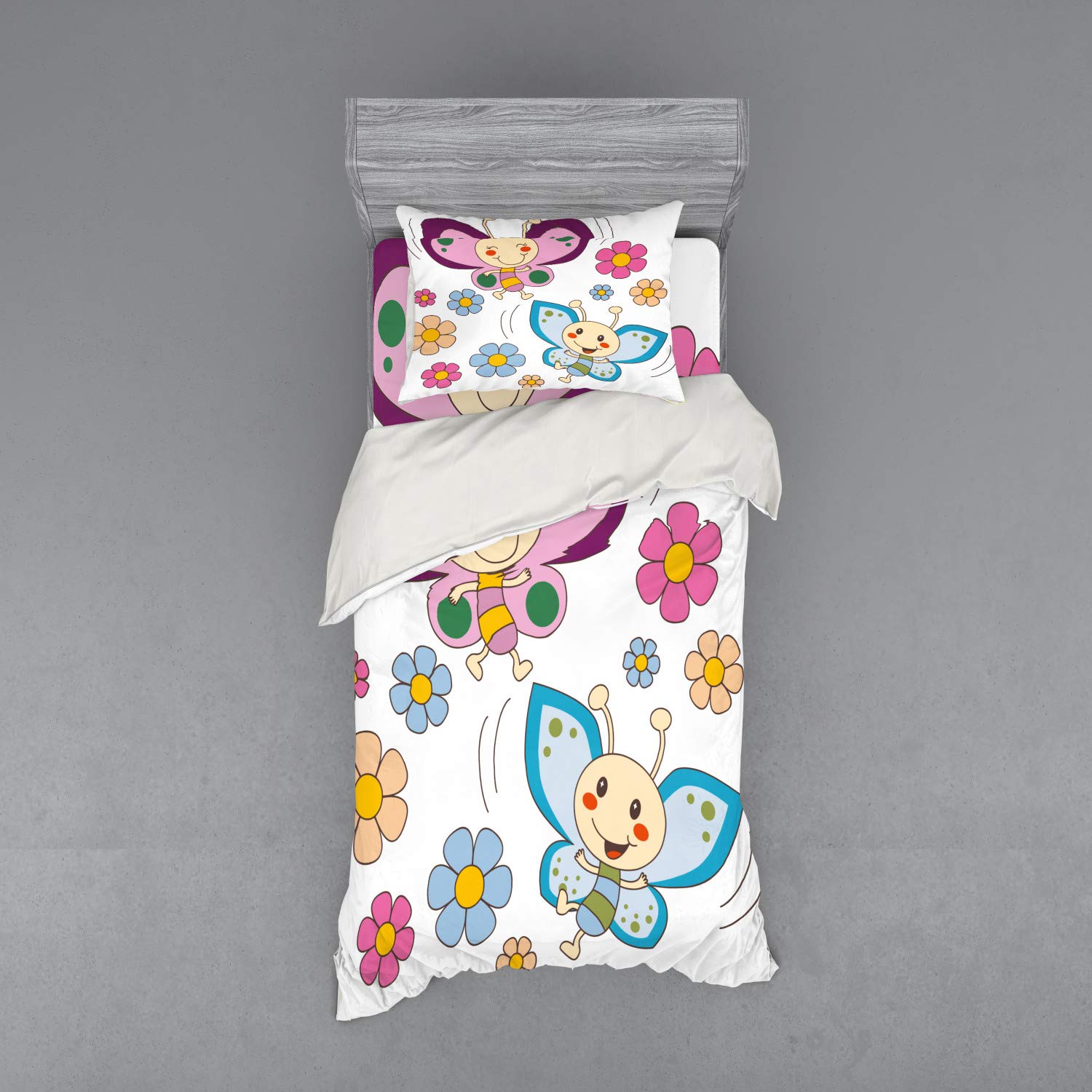 Ambesonne Cartoon Duvet Cover Set - Lilac & Blue Butterfly Floral Design, 3-Piece Twin Size Bedding Set with Pillow Sham & Fitted Sheet | Spring Themed Room Decor for Kids & Teens Bedrooms