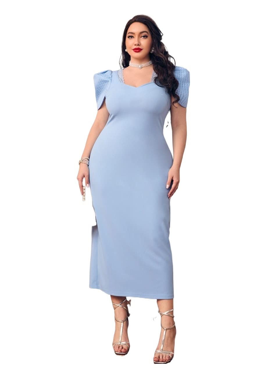 INOUJEKER Women's Plus Size Lace Trim Slit Back Dress - Baby Blue, Large | Elegant Party, Wedding Guest & Special Occasion Outfit