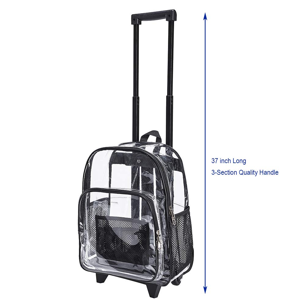 Rolling Clear Backpack - Heavy Duty Cold-Resistant Transparent PVC Wheeled Backpack for School, Travel & Security Check (Black) | Perfect for Airports, Concerts & Work Commute