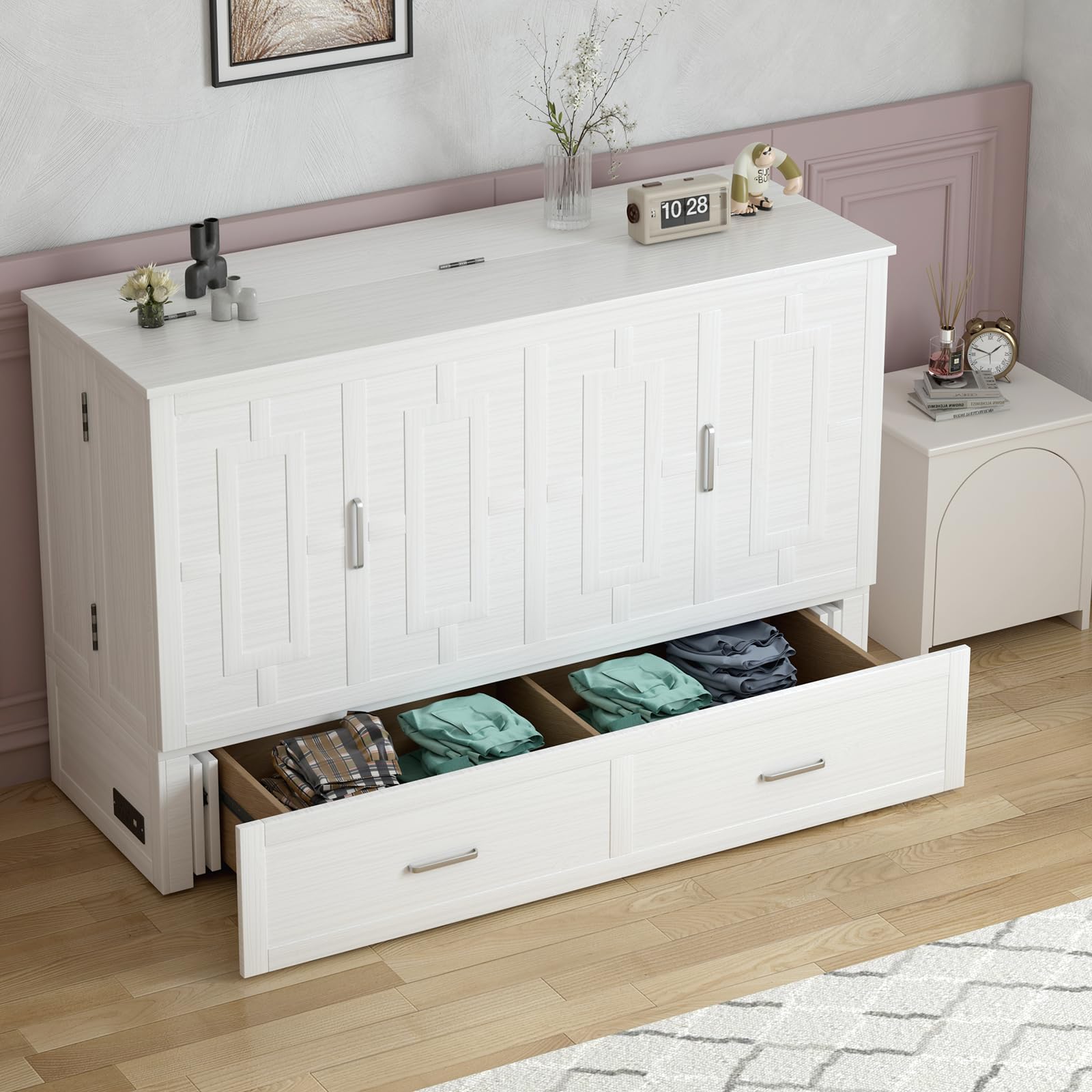 ijuicy Murphy Bed - Queen Size Wall Bed with Foldable Memory Foam Mattress, USB Charging Ports & 2 Large Storage Drawers | Space-Saving Cabinet Bed for Small Apartments, Guest Rooms & Home Offices (White)