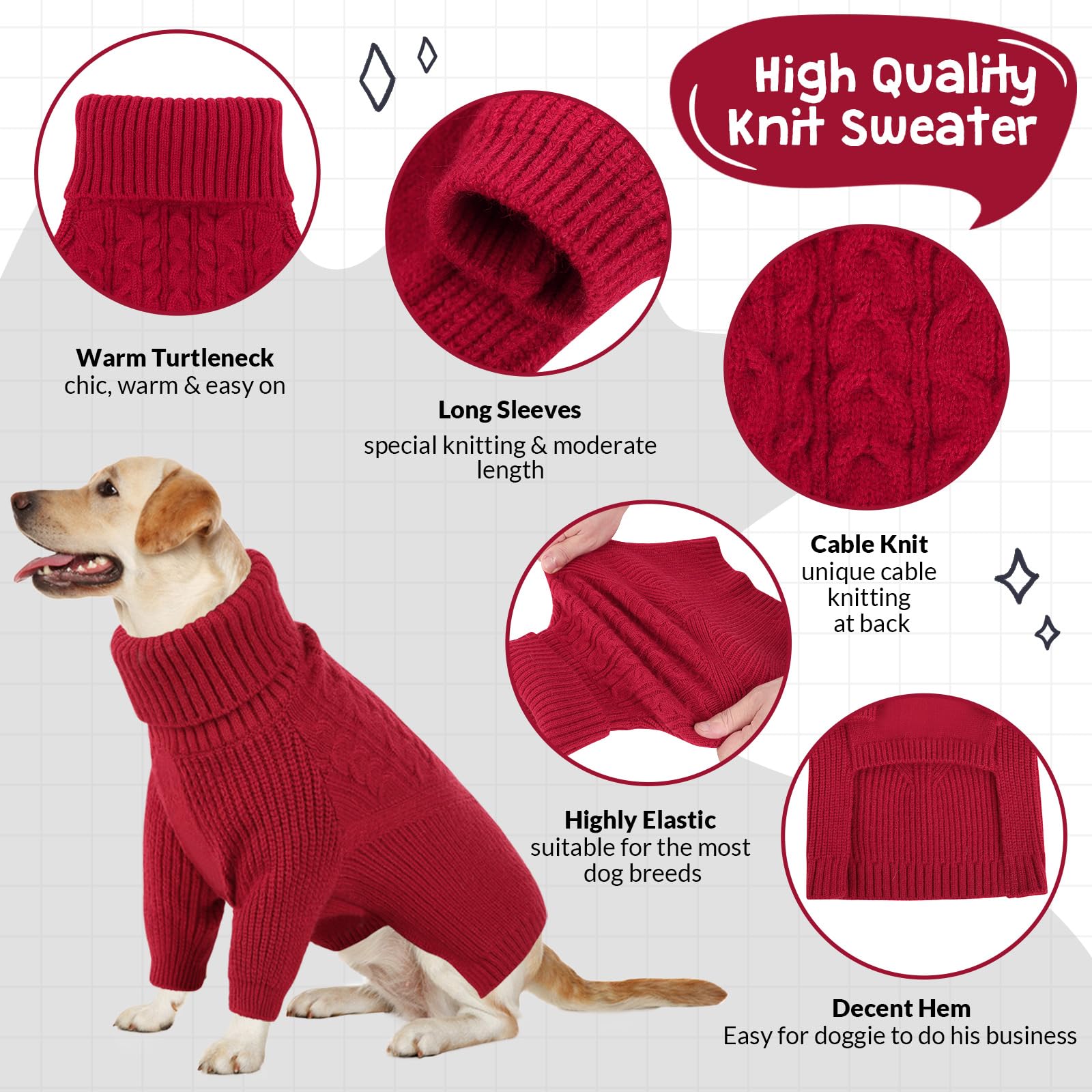 Queenmore Dog Sweater for Small to Large Dogs - Warm Winter & Fall Knit Turtleneck Sweater with Long Sleeves for Puppies (Red, XL) - Perfect for Christmas Outfits, Cold Weather Walks & Indoor Cozy Time