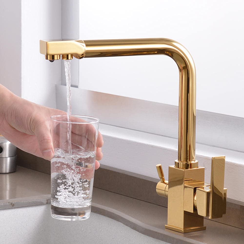 Premium Beige Brass Kitchen Faucet with Dual Handle - 3-Way Filter for Hot & Cold Drinking Water | Luxury Gold Finish Mixer Tap | Universal Fit for Modern & Farmhouse Kitchen Sinks
