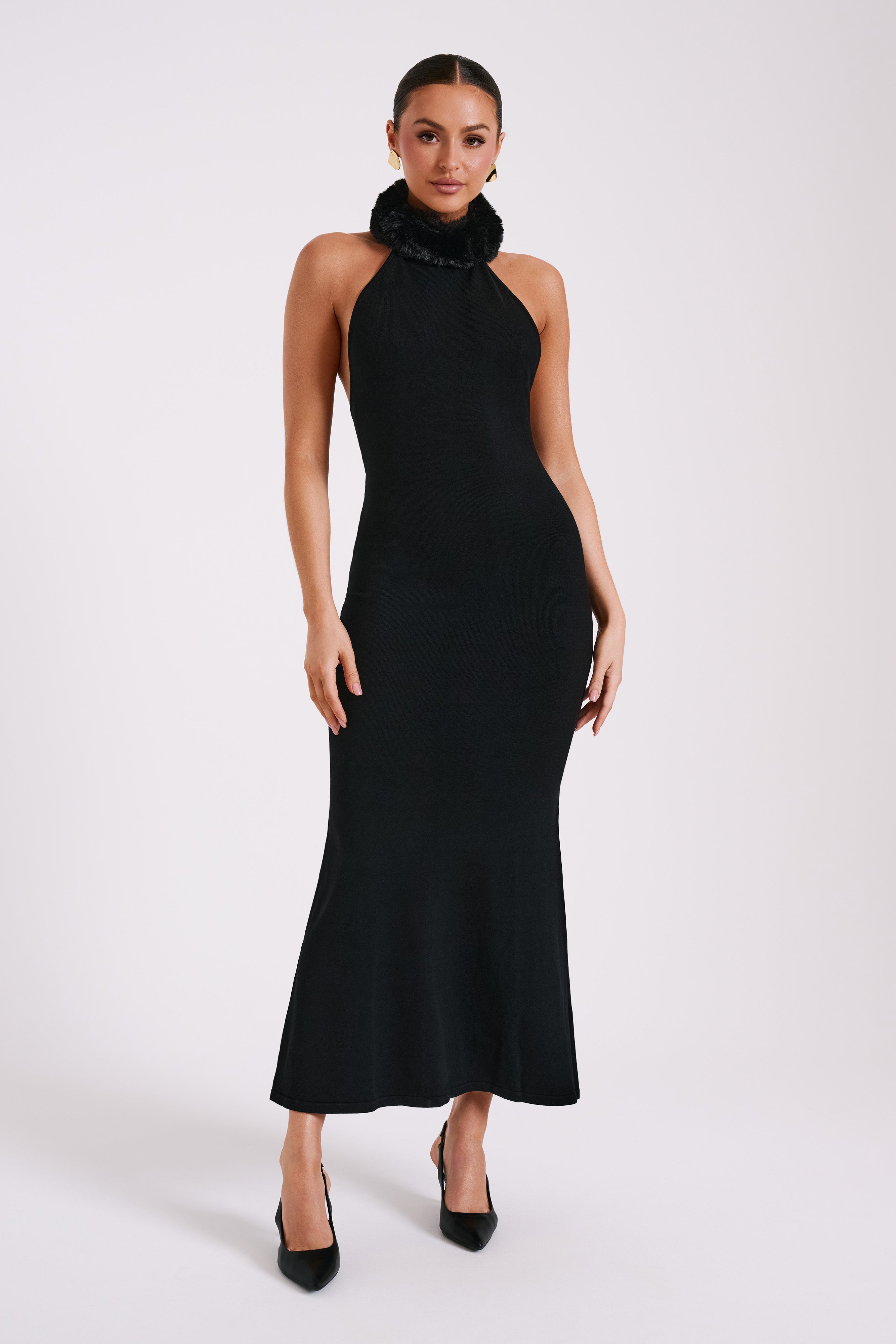 Elva Halter Knit Maxi Dress with Faux Fur - Black | Elegant Women's Evening Gown for Parties, Weddings & Special Occasions