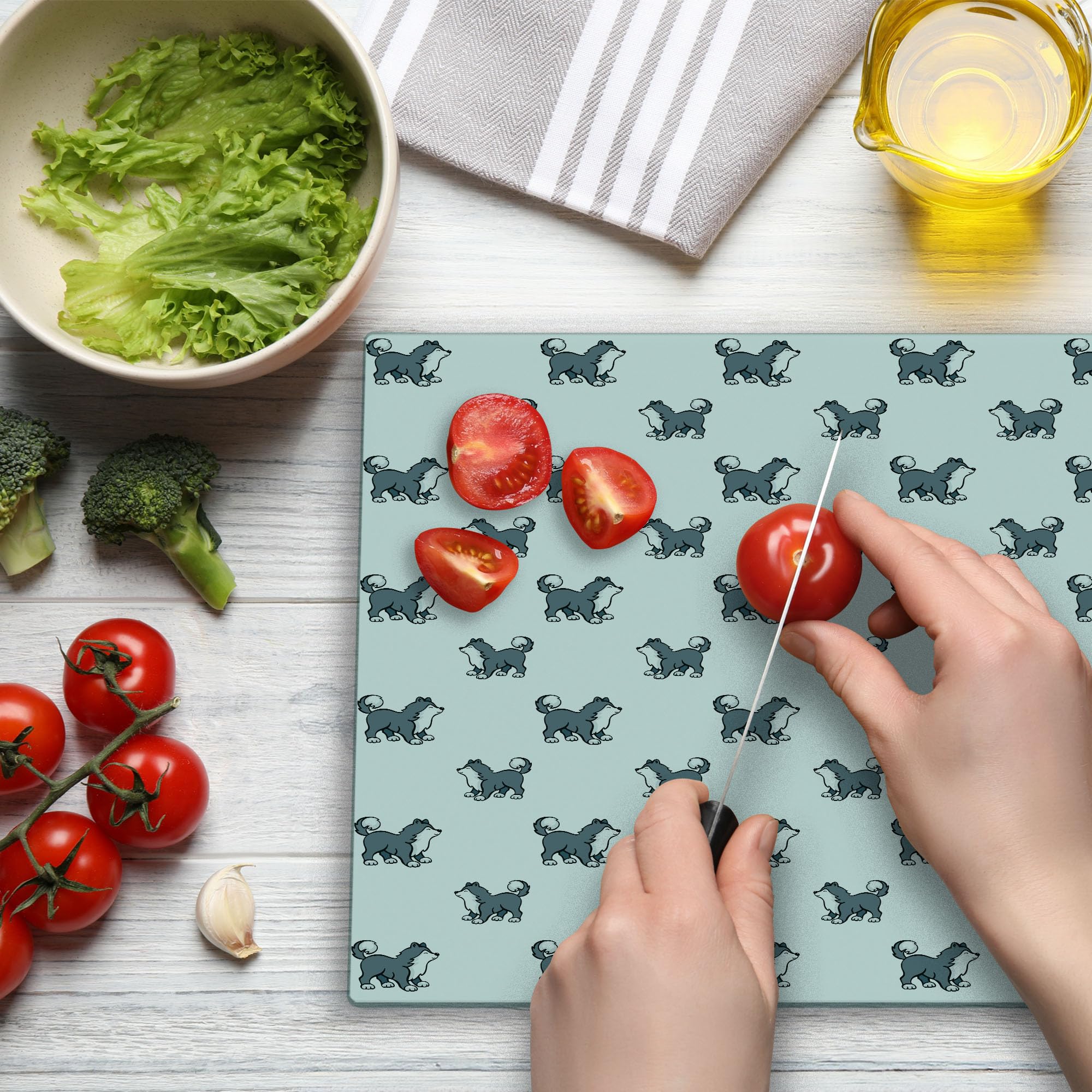 Ambesonne Husky Dog Cutting Board - Siberian Puppy Cartoon Design, Tempered Glass Serving Board for Kitchen, Large Size (Blue Grey Black White) - Perfect for Pet Lovers, Home Decor & Entertaining Guests