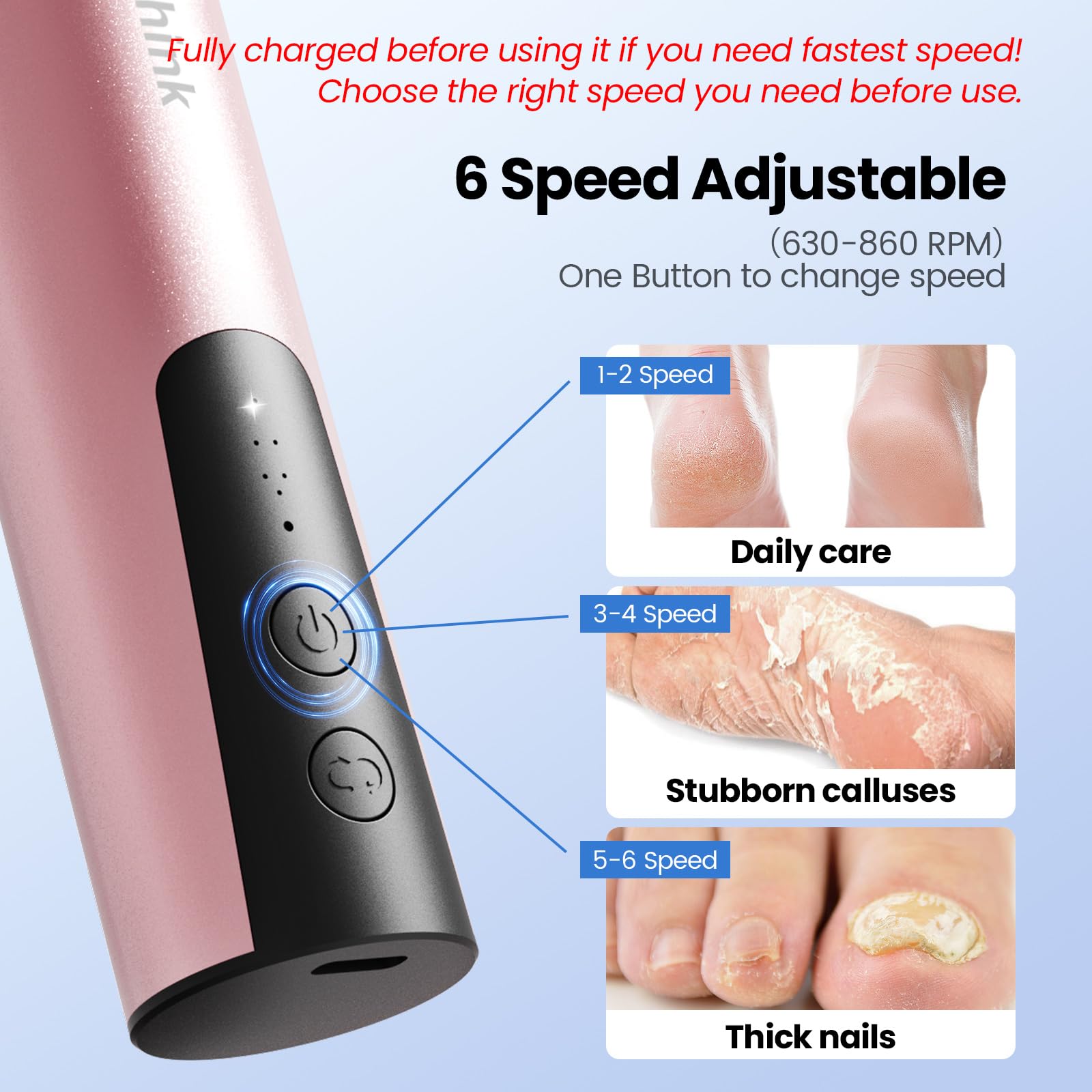 Professional Electric Callus Remover & Foot File - Rechargeable 2-in-1 Pedicure Tool for Dry Dead Skin Removal, 6 Adjustable Speeds with Sandpaper Disks - Perfect for Home Pedicures & Foot Care Routine