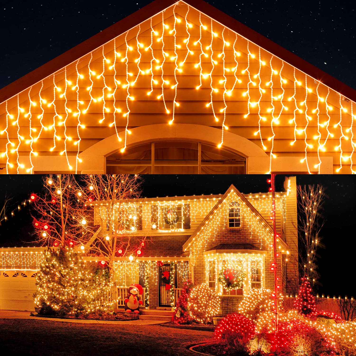 Koicaxy 400 LED 33ft Christmas Lights Outdoor Decorations - 8 Modes Icicle String Lights with Remote, Waterproof Fairy Lights for Wedding, Party, Holiday & Indoor Decor (Warm White) - Perfect for Roof, Garden, Patio & Christmas Tree Decoration