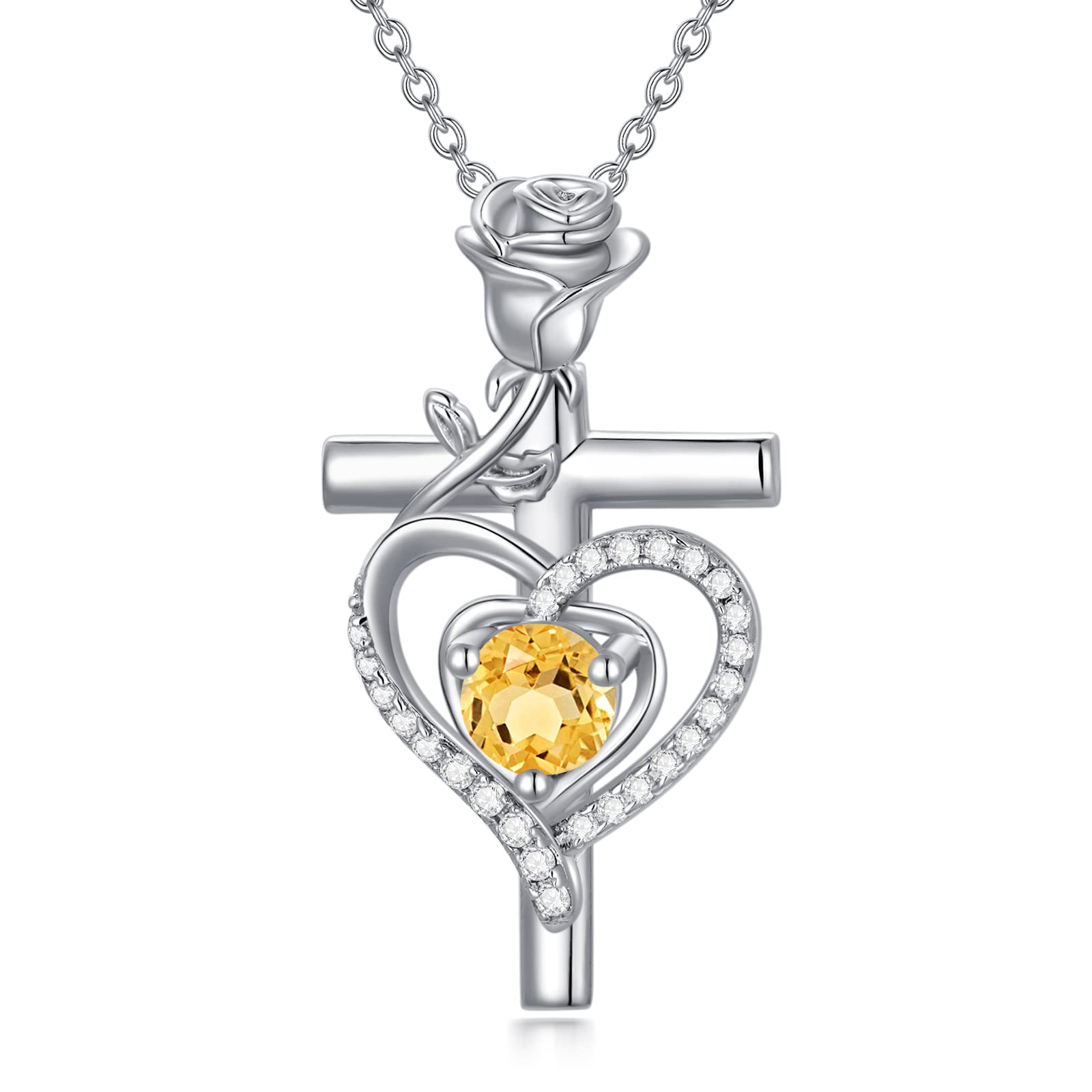 Sterling Silver Birthstone Cross Necklace for Women - Rose Heart Pendant Jewelry Gift for Mom, Wife, Daughter | Anniversary, Birthday, Mother's Day Present | Perfect for Church, Weddings & Special Occasions