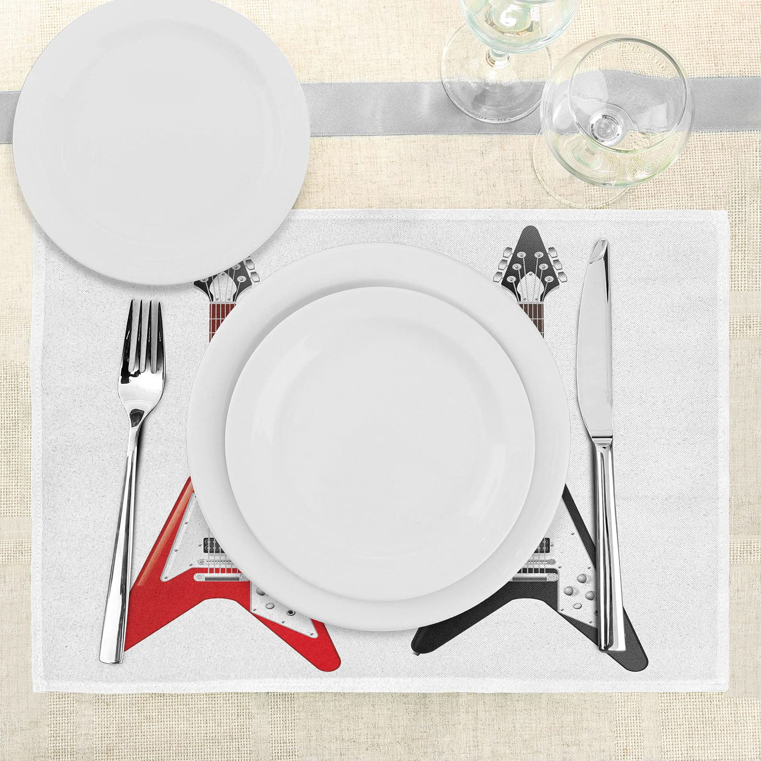 Ambesonne Guitar Themed Place Mats Set of 4 - Washable Fabric Table Mats with V-Shaped Musical Instrument Design for Dining Room & Kitchen Decor | Perfect for Music Lovers, Rock & Roll Parties, and Themed Dinners