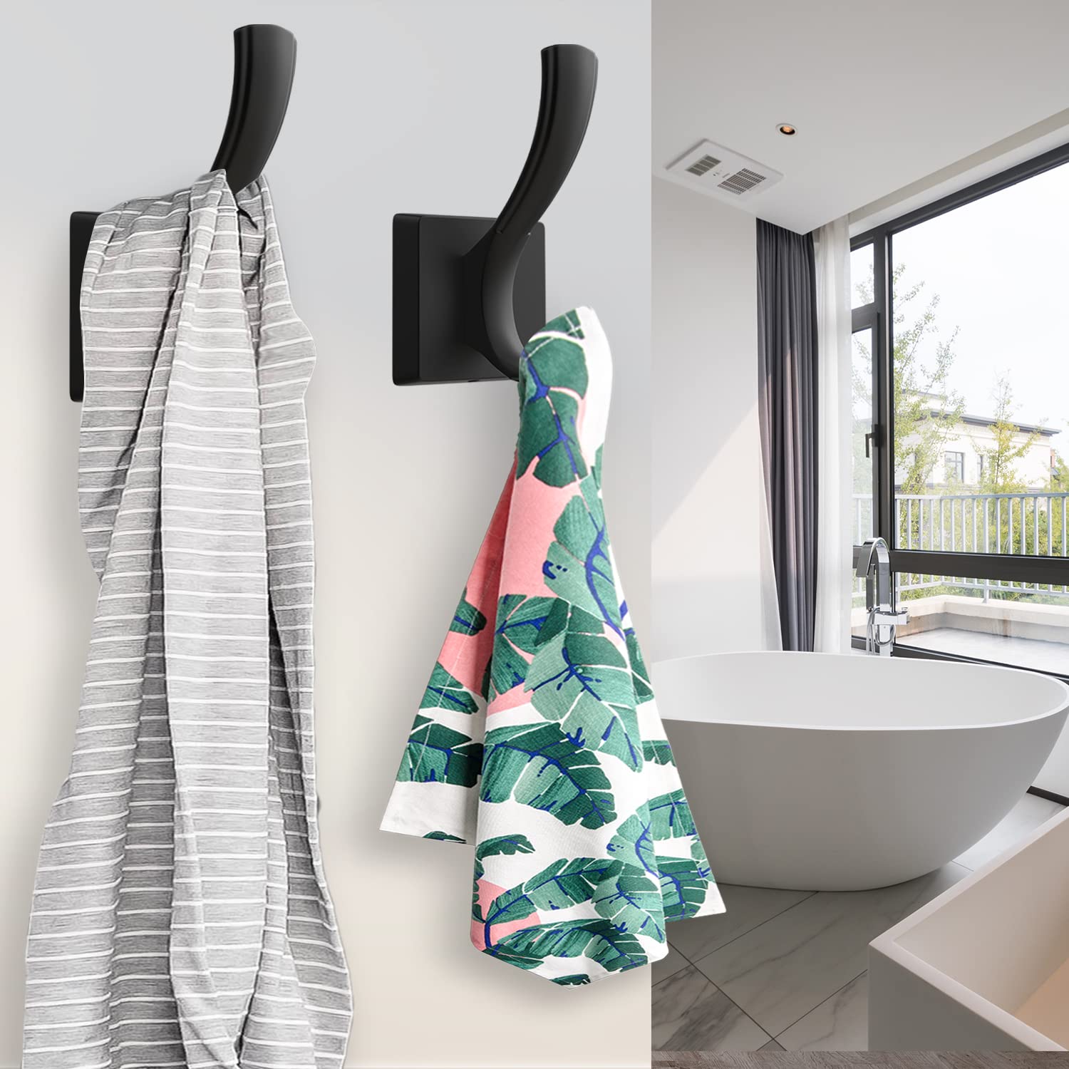 Black Wall Hooks 5-Pack - Towel, Coat & Backpack Hanger for Bathroom & Entryway