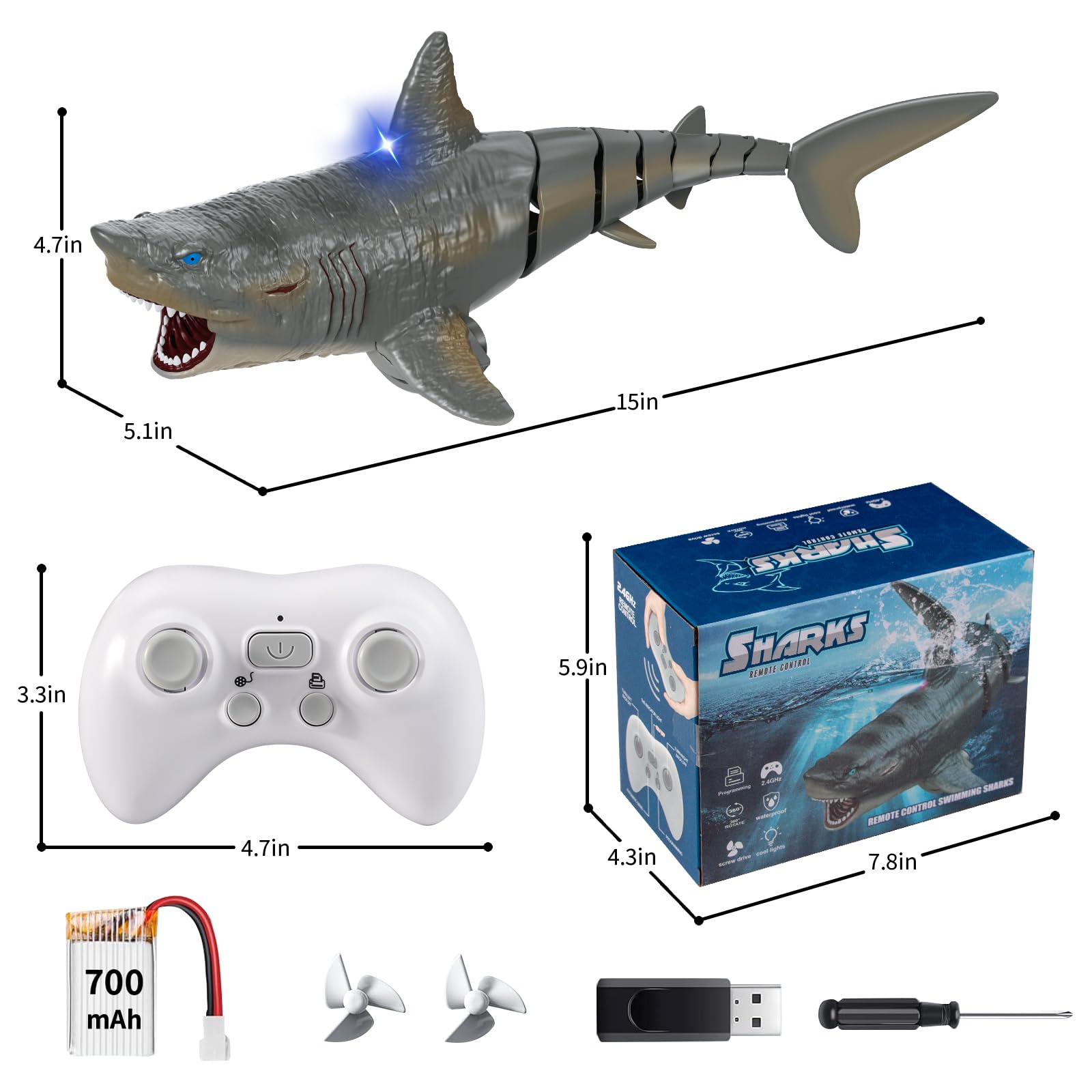 2.4GHz Rechargeable Remote Control Shark Toy for Kids - Realistic Swimming Pool & Outdoor Water Toy with LED Lights - Perfect Gift for Boys & Girls Ages 6+ - Fun Summer Pool Party & Beach Playtime