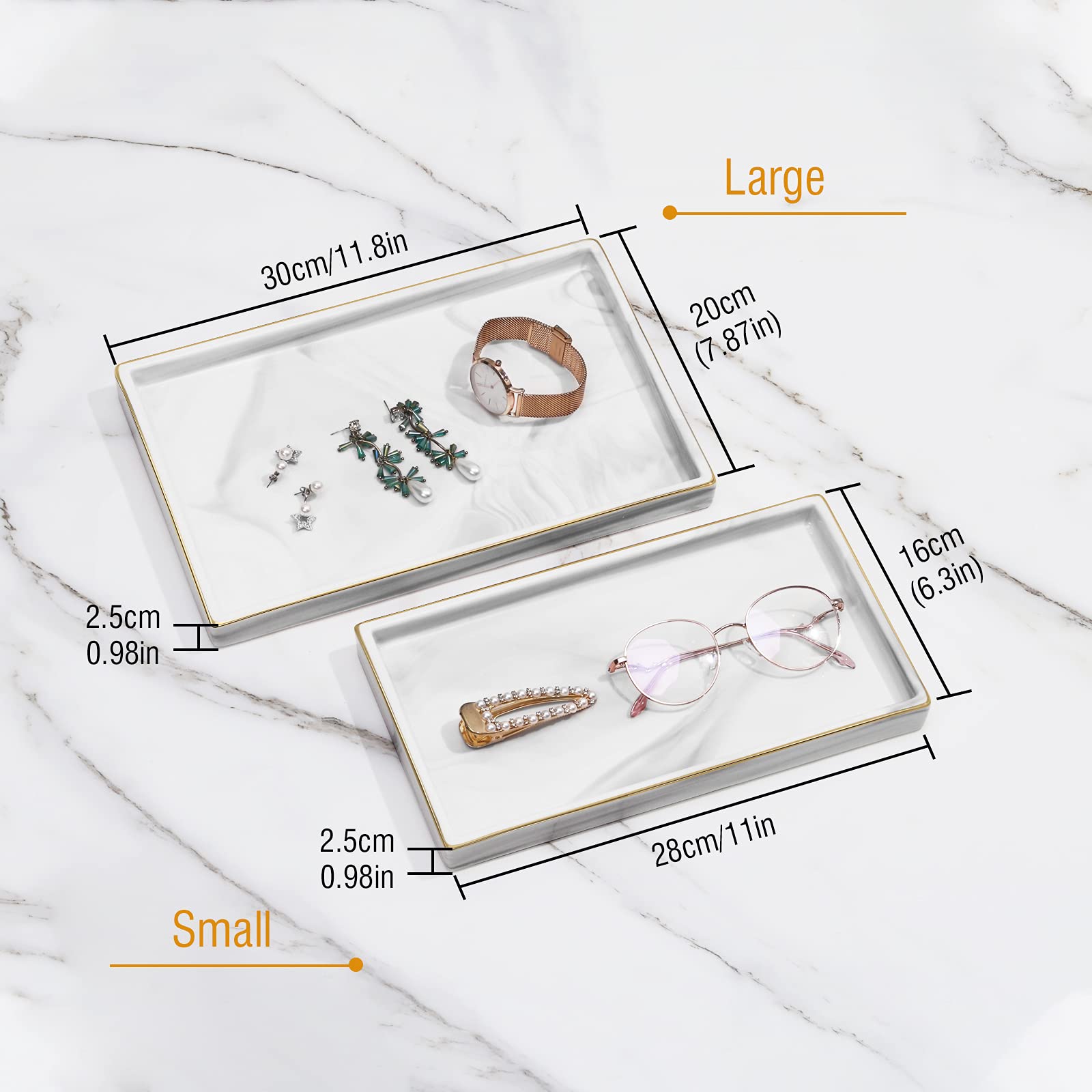 Shinowa Ceramic Vanity Tray - Marble Finish Rectangle Perfume & Jewelry Organizer for Bathroom Countertop, Dresser, Living Room & Kitchen - Large White Decorative Tray (Perfect for Organizing Fragrances, Cosmetics & Accessories)