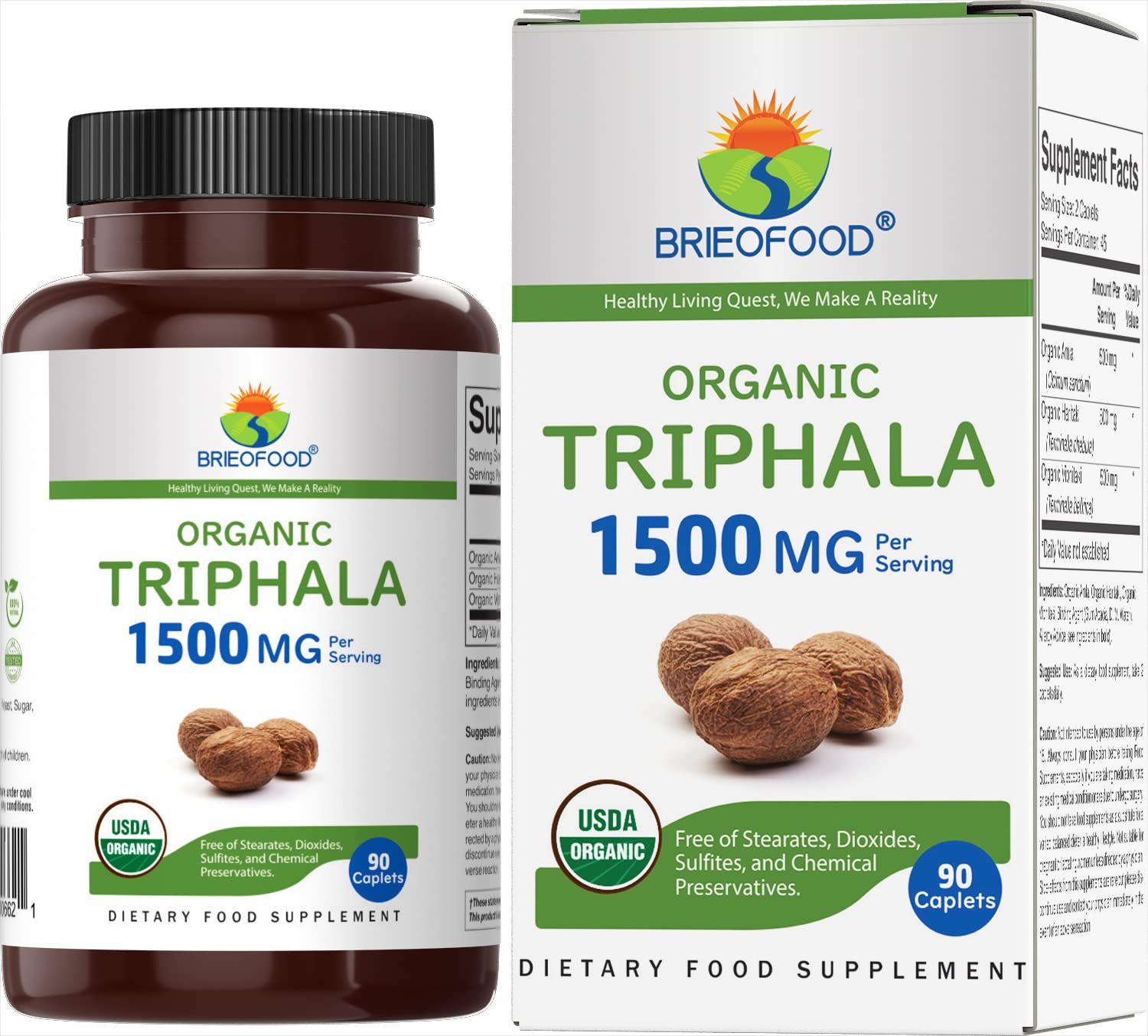 Brieofood Organic Triphala 1500mg - 90 Vegetarian Tablets, 45 Servings, Gluten Free & Vegan Supplement for Digestive Health | Supports Detox, Immunity & Daily Wellness