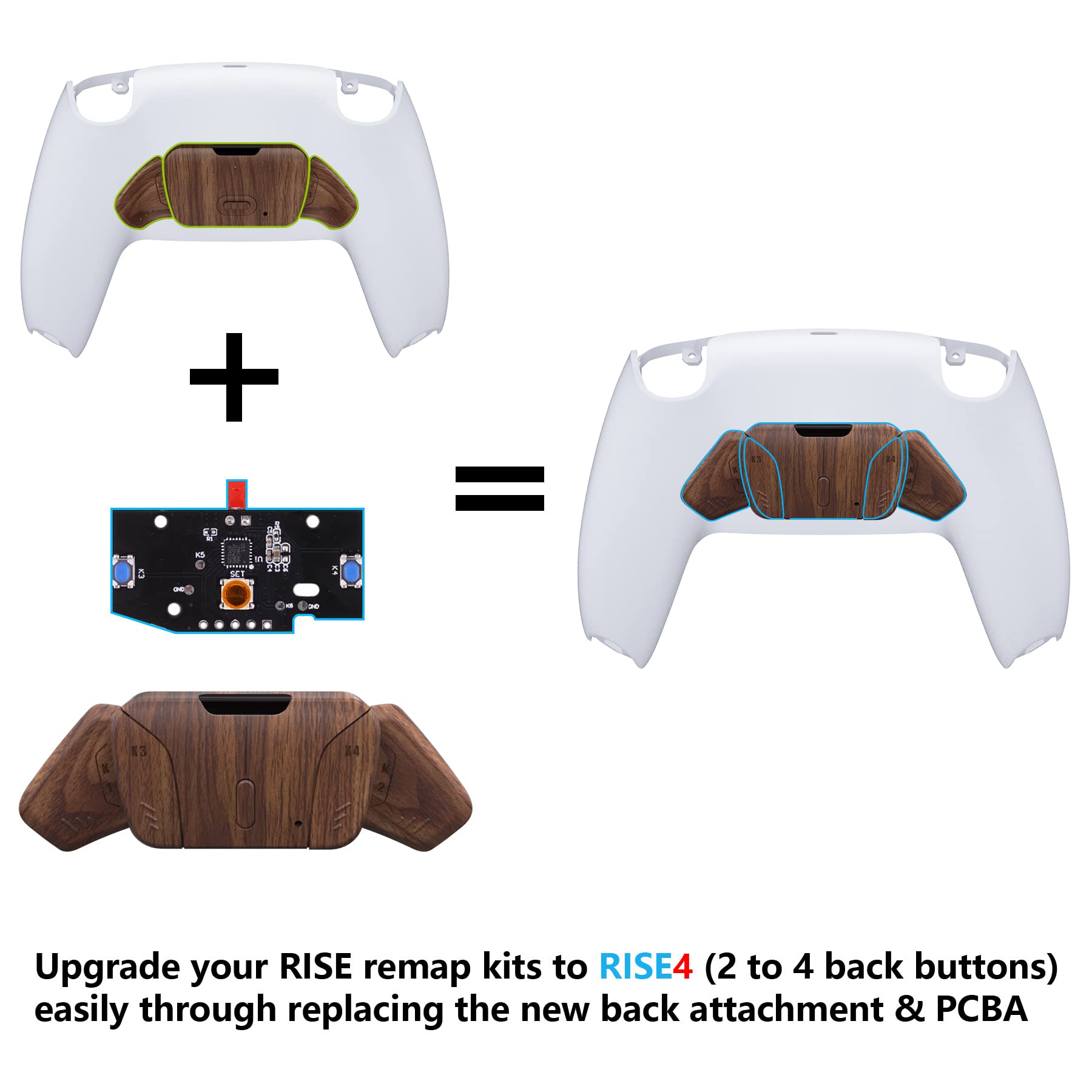 eXtremeRate RISE4 Remap Kit for PS5 Controller - Back Button Paddles & PCBA Board (K1K2K3K4) - Wood Grain Design - Customizable Gaming Accessory for Competitive Play & FPS Games
