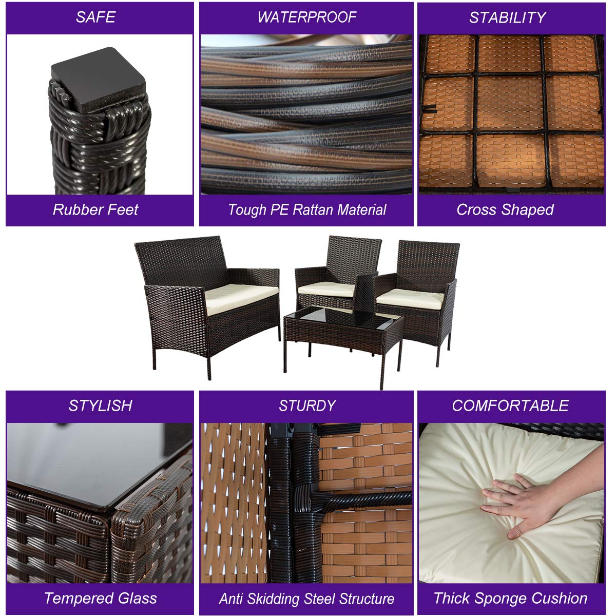 4-Piece Outdoor Patio Furniture Set - Brown Rattan Wicker Sofa & Chairs with Cushions & Glass Table - Durable All-Weather Garden, Poolside, Deck, or Backyard Lounge Seating