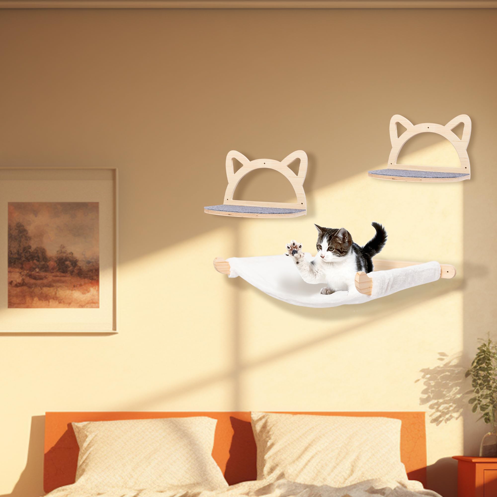 Defined Deco Cat Wall Shelves - Wall Mounted Cat Perches with XXL Hammock & 2 Climbing Steps, Multi-Level Cat Furniture with Scratching Mat for Play, Sleep & Lounge - Perfect for Indoor Cat Climbing, Resting & Exercise in Small Spaces