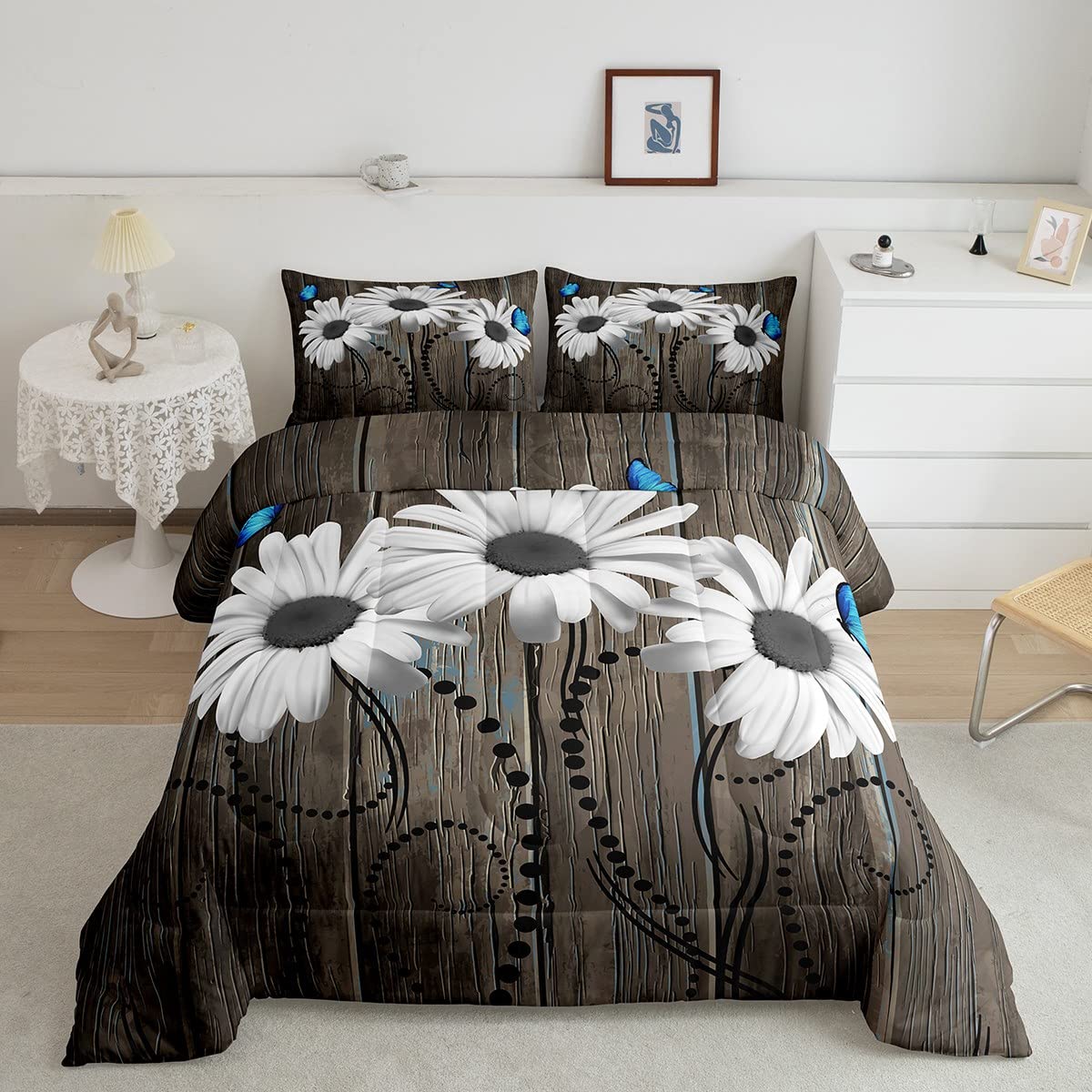 Brown Gray Barn Door Comforter Set Twin Size - Daisy Flowers Butterfly Bedding for Kids Teens Women - Rustic Farmhouse Style Quilt with Vintage Plants Animals Design - 2 Piece Duvet Cover Set - Perfect for Cozy Bedroom Decor, Guest Rooms & Nursery Themes