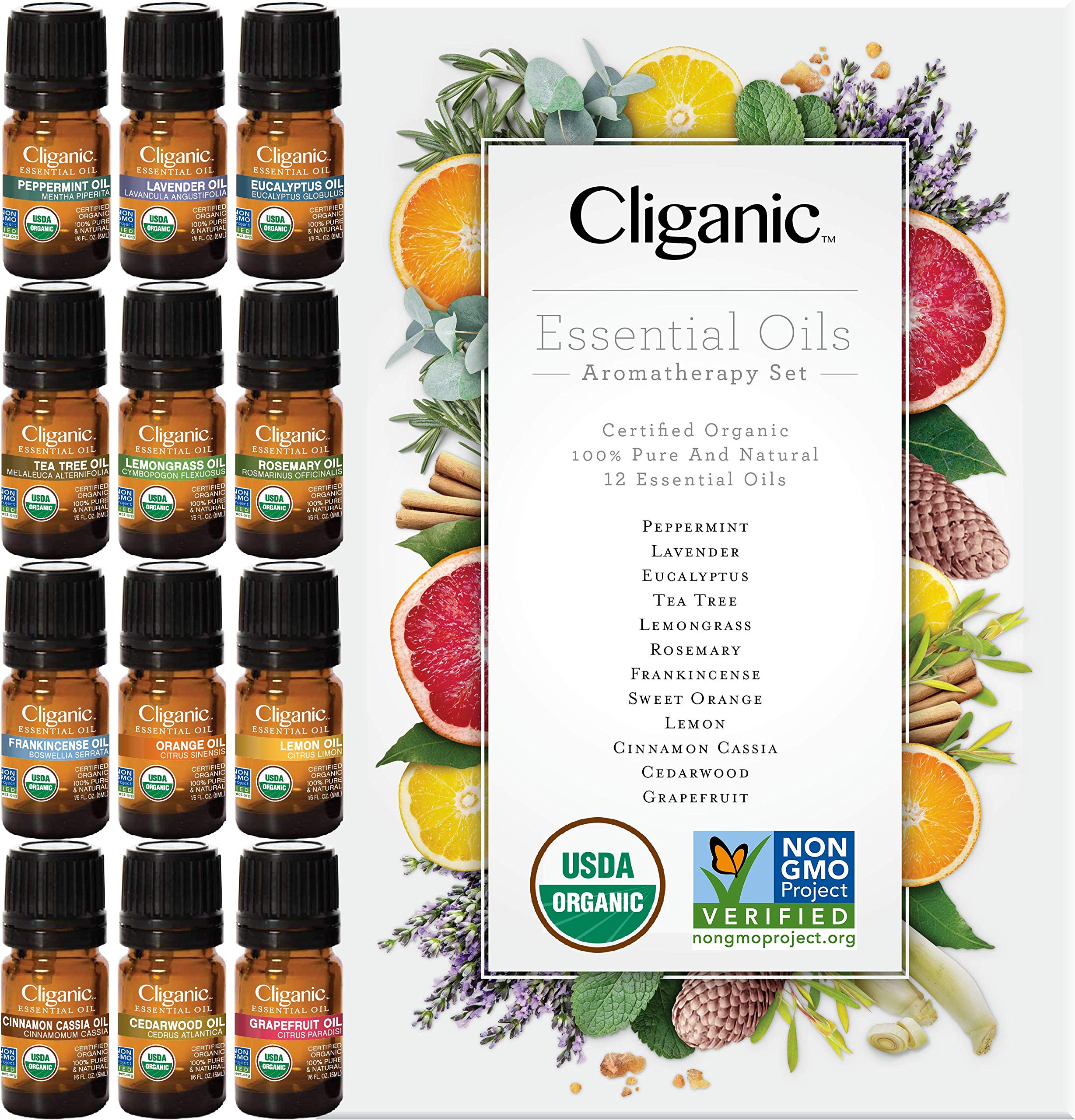Cliganic USDA Organic Aromatherapy Essential Oils Set - 12 Pure Oils (Peppermint, Lavender, Eucalyptus, Tea Tree, Lemongrass, Rosemary, Frankincense, Orange, Lemon, Cassia, Cedarwood & Grapefruit) for Diffuser, Massage & Relaxation