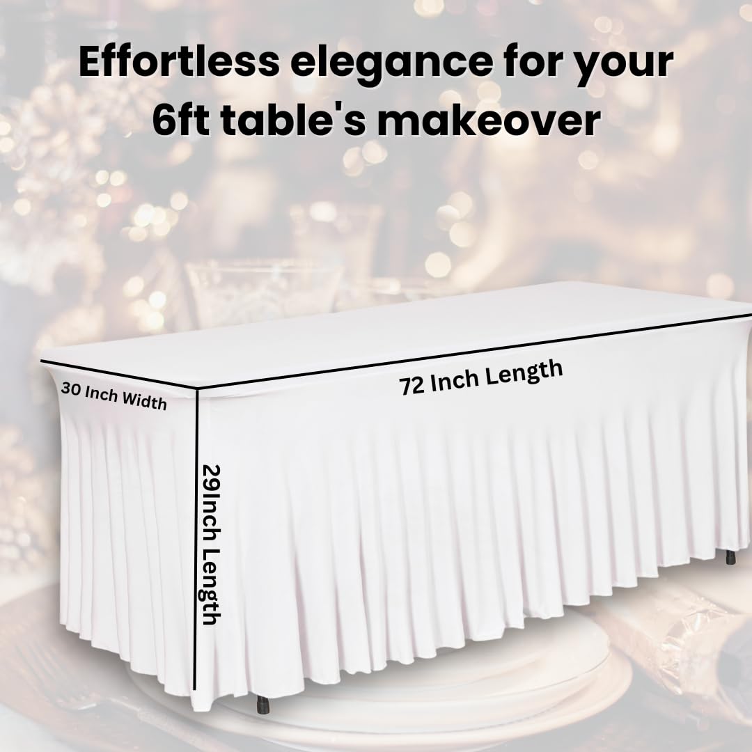 RNOONY 6ft White Stretch Spandex Table Skirt with Pleated Ruffles - Elastic Rectangle Table Cover for Banquet, Party & Wedding Decor - Perfect for Cocktail Tables, Buffets, and Special Events