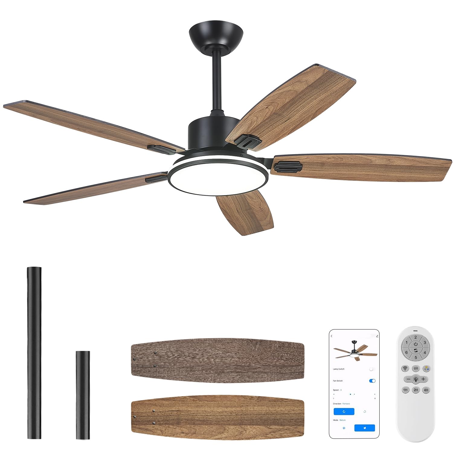 52 Inch Smart Ceiling Fan with Lights - Remote & APP Control, Ultra Silent 6-Speed Dimmable, Modern Flush Mount Low Profile - Perfect for Bedroom, Living Room, Indoor & Outdoor Use (Black)