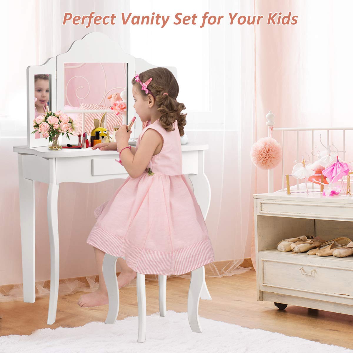 HOMGX White Wooden Kids Vanity Table Set with 180° Tri-Folding Mirror & Stool - Princess Makeup Dressing Table with Pull-Out Drawer for Little Girls | Perfect for Bedroom, Birthday Gifts & Pretend Play