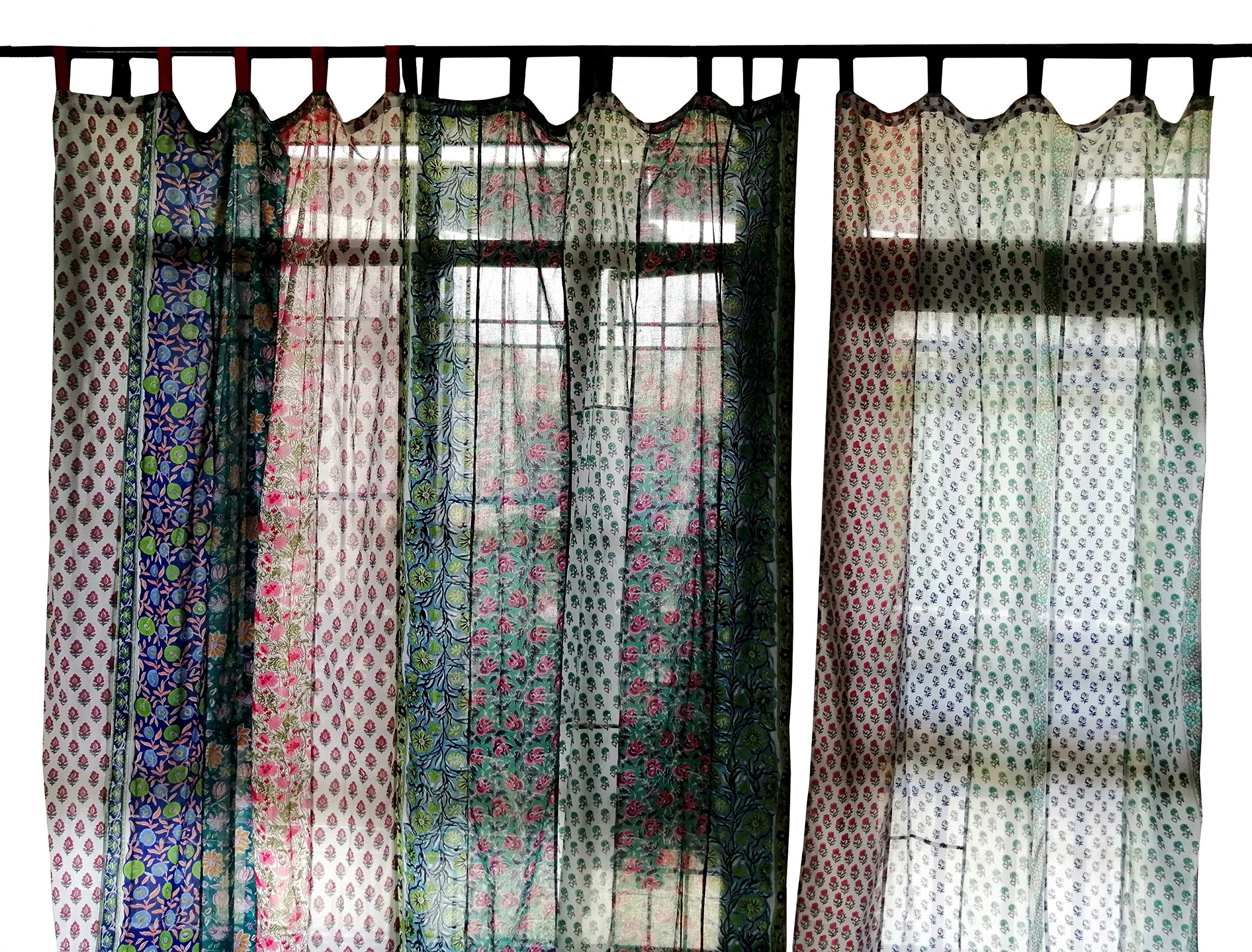 100% Cotton Bohemian Patchwork Sheer Curtains - Block Print Window Drapes for Bedroom, Living Room - Set of 4 Panels (96