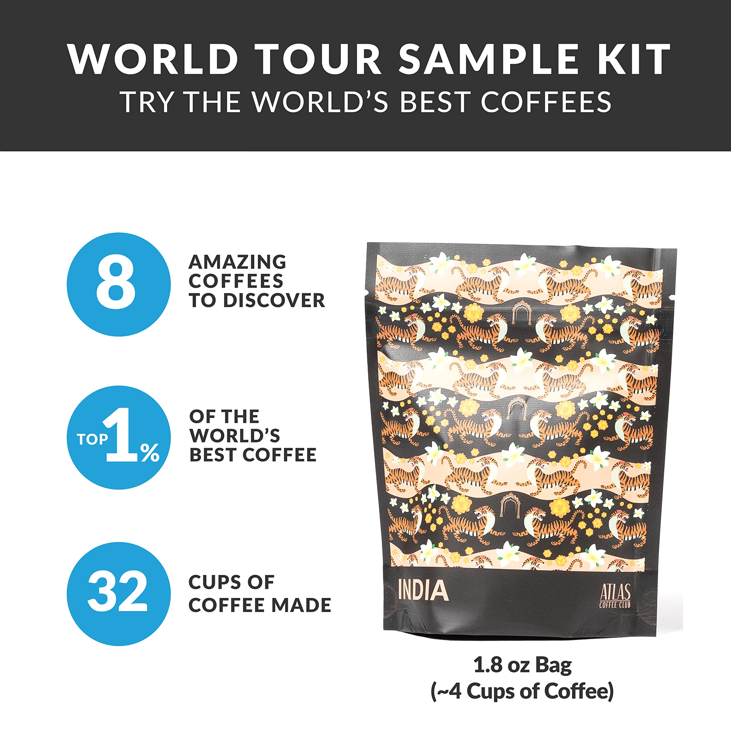 Atlas Coffee Club World of Coffee Discovery Set - Premium Gourmet Coffee Gift Sampler - 8-Pack Single Origin Whole Bean Coffee Variety Box from Top Global Regions - Perfect for Coffee Lovers, Office Gifts & Home Brewing