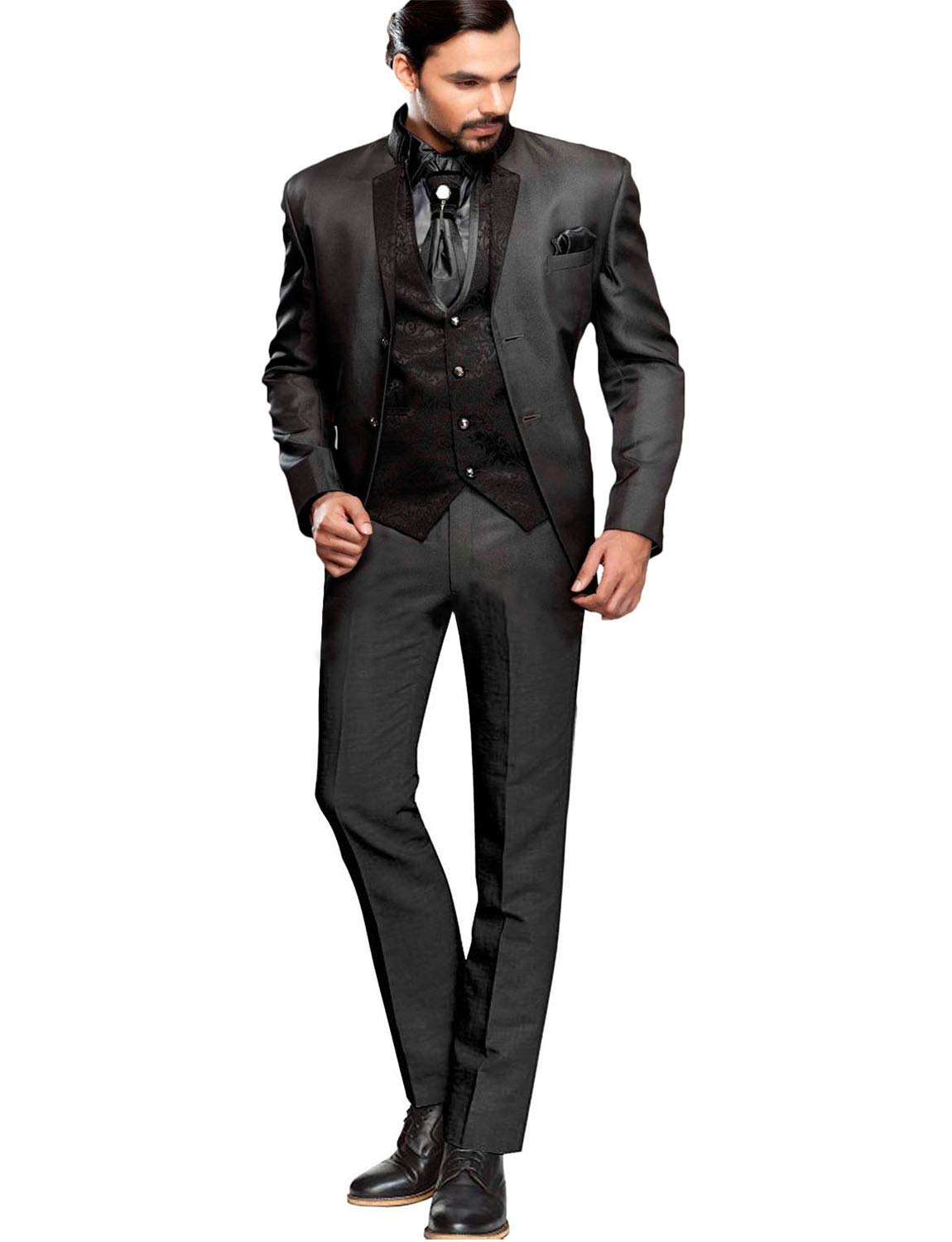 QZI Men's Slim Fit Jacquard Vest & Tailcoat Suit 3-Piece Set | Formal Two-Button Waistcoat for Weddings, Business & Evening Events