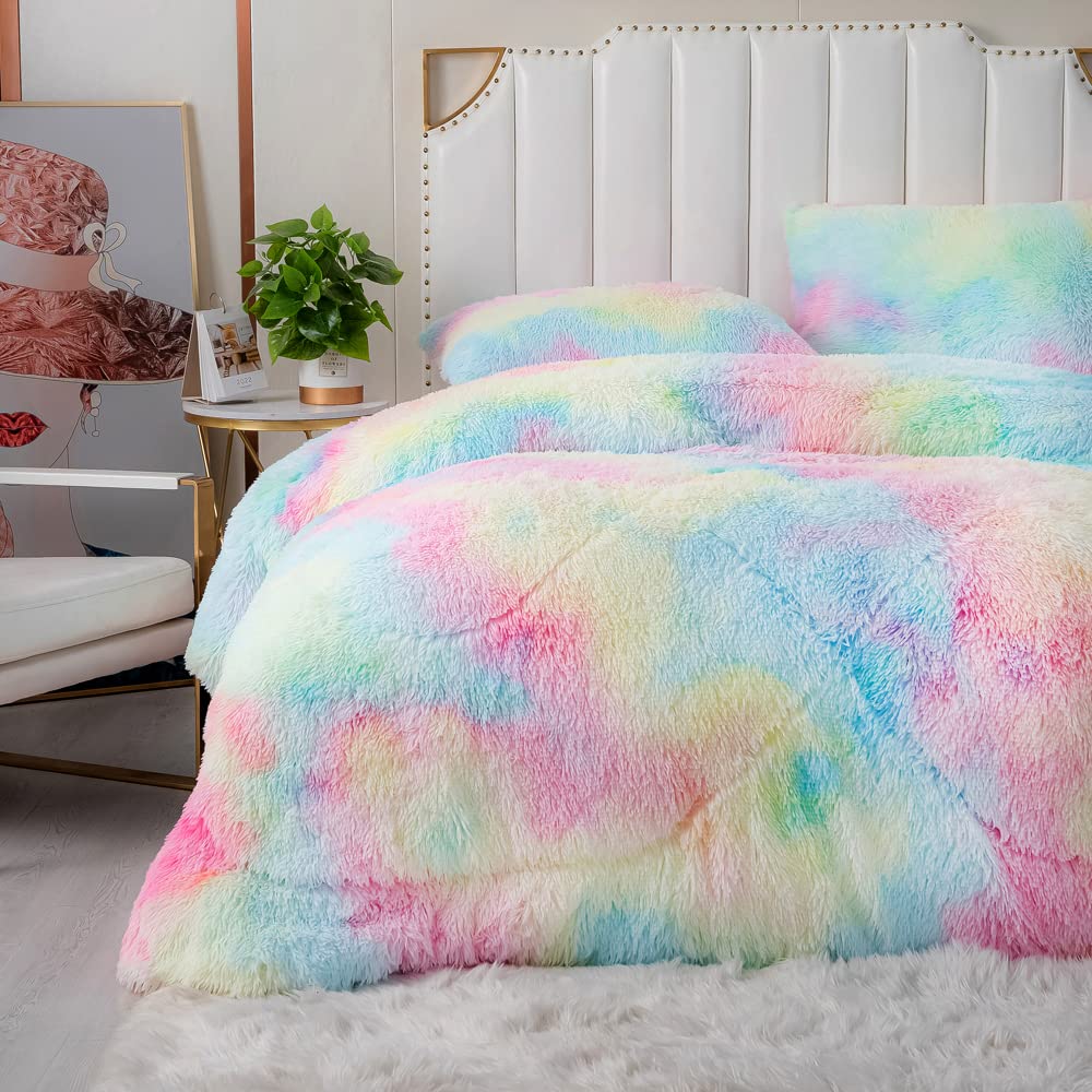 Luxury Faux Fur Comforter Set Full/Queen Size - Ultra Soft Rainbow Pink Fluffy Fuzzy Microfiber Bedding with 2 Pillowcases | Cozy Winter Bedding for Girls Room, Dorm & Home Decor