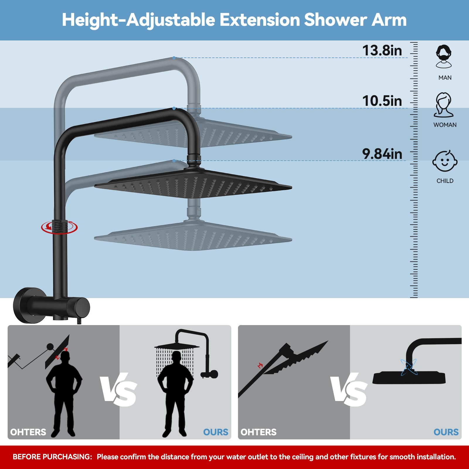 10 Inch All Metal Rainfall Shower Head with Handheld Combo - High Pressure 9 Mode Shower System, Adjustable Extension Arm & Slide Bar in Matte Black - Perfect for Spa-Like Bathroom Experience & Modern Home Upgrade