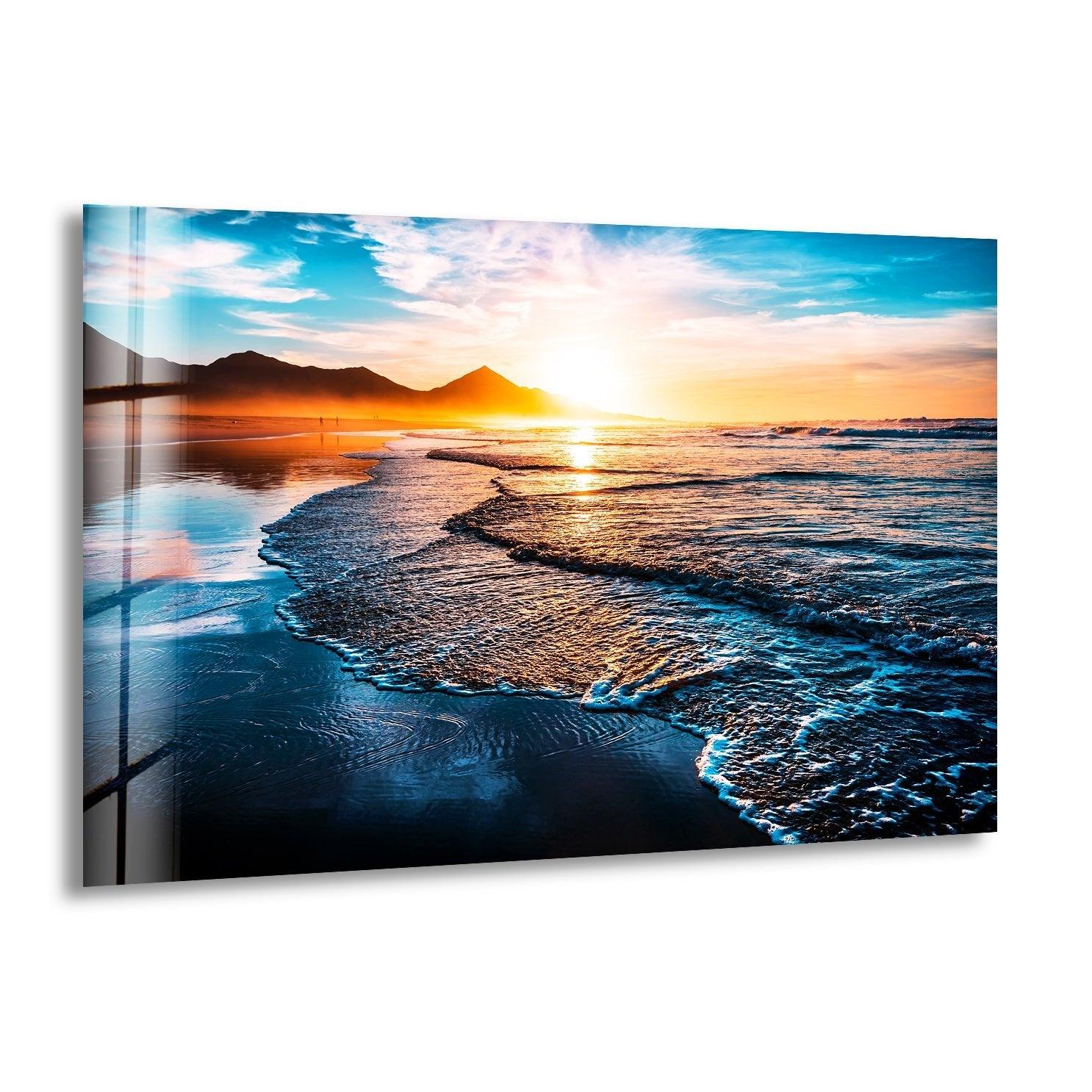 Sunset Beach & Ocean Waves Glass Wall Art - Coastal Home Decor for Living Room, Bedroom, or Office