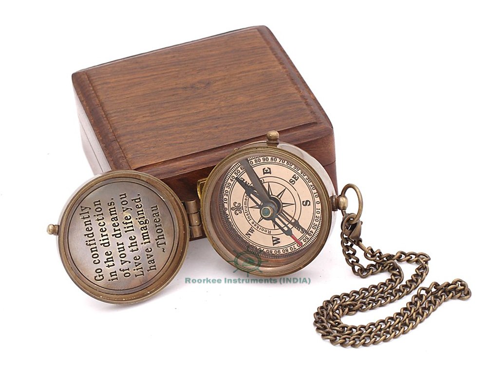 Vintage Solid Brass Directional Magnetic Compass - Antique Nautical Navigation Tool with Thoreau Scripture Engraving | Rosewood Gift Box | Perfect for Baptism Gifts, Son's Birthday, Nautical Decor & Outdoor Adventures