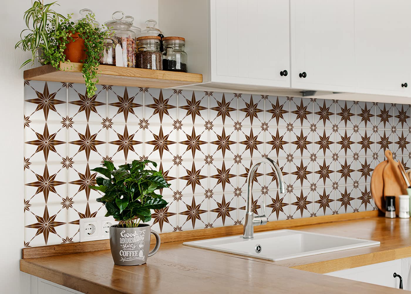 Mi Alma 24-Piece Talavera Tile Stickers – Peel and Stick Wall Decals for Easy DIY Home Decor (Brown Star, 8x8 inch) – Perfect for Bathroom, Kitchen, Backsplash & Spanish-Style Interior Design