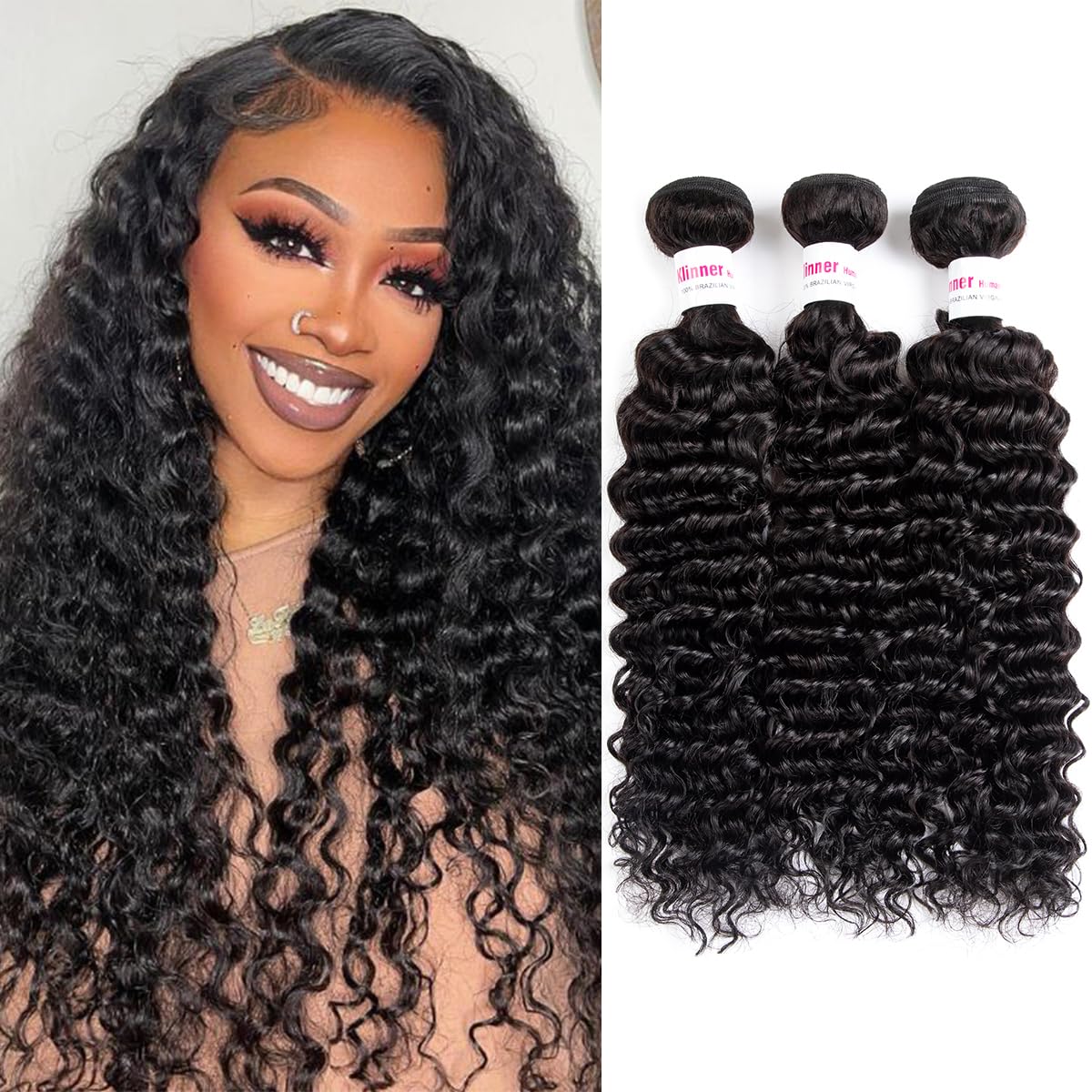 12A Deep Wave Human Hair Bundles 22 24 26 Inch - 100% Unprocessed Virgin Human Hair Extensions for Weaving & Styling - Natural Black Color (300g) - Perfect for Daily Wear, Parties & Special Occasions