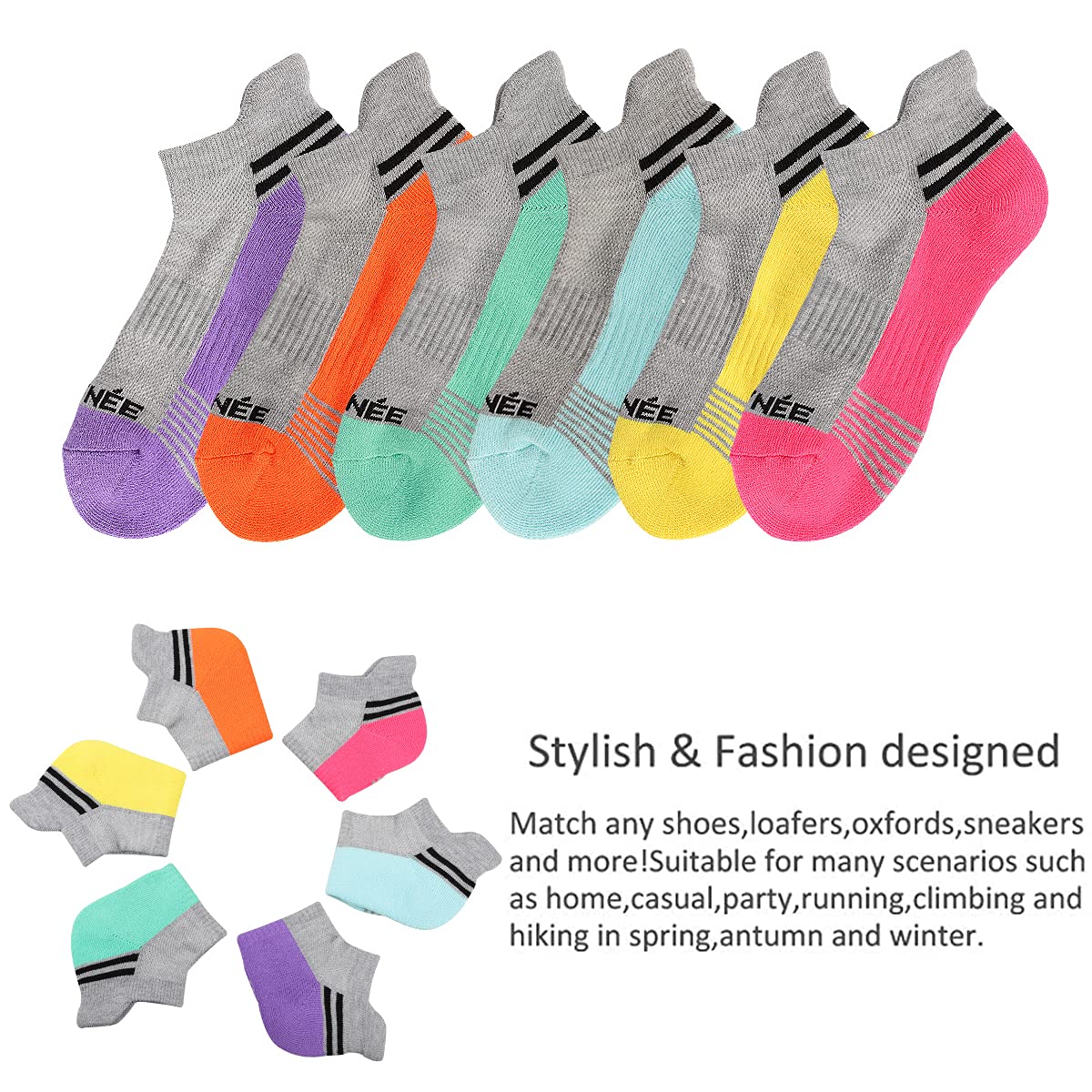 JOYNÉE Women's Ankle Cushioned Socks 6 Pack - Athletic Low Cut Running Socks with Heel Tab for Sports, Workout & Everyday Comfort