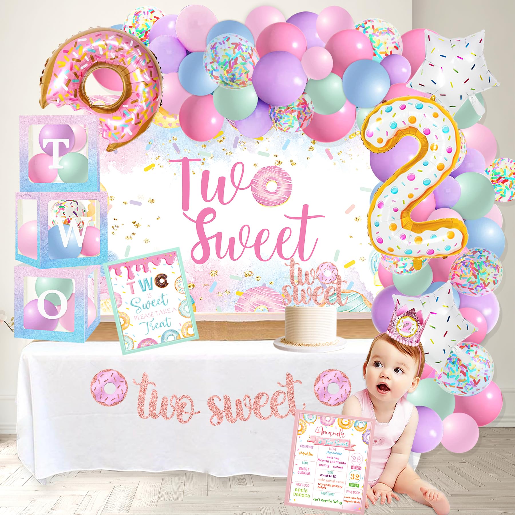 Two Sweet Donut Ice Cream Birthday Party Decorations Set - 2nd Birthday Party Supplies for Girls, Baby Girl 2nd Birthday Decor, Ice Cream Donut Theme Party Decorations | Perfect for Birthday Celebrations, Baby Showers & Themed Parties