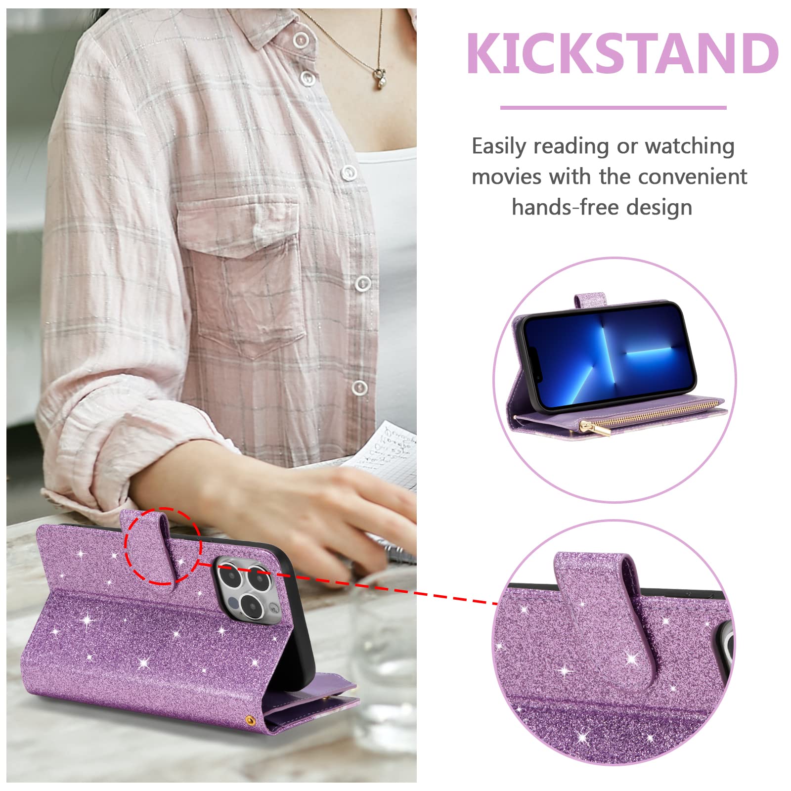 UEEBAI Wallet Case for iPhone 13 Pro Max - PU Leather Magnetic Closure with Zipper Pocket, Kickstand, Card Slots & Hand Strap | Rose Gold Flip Phone Case for Women (Bling Purple) - Perfect for Travel, Shopping & Everyday Use