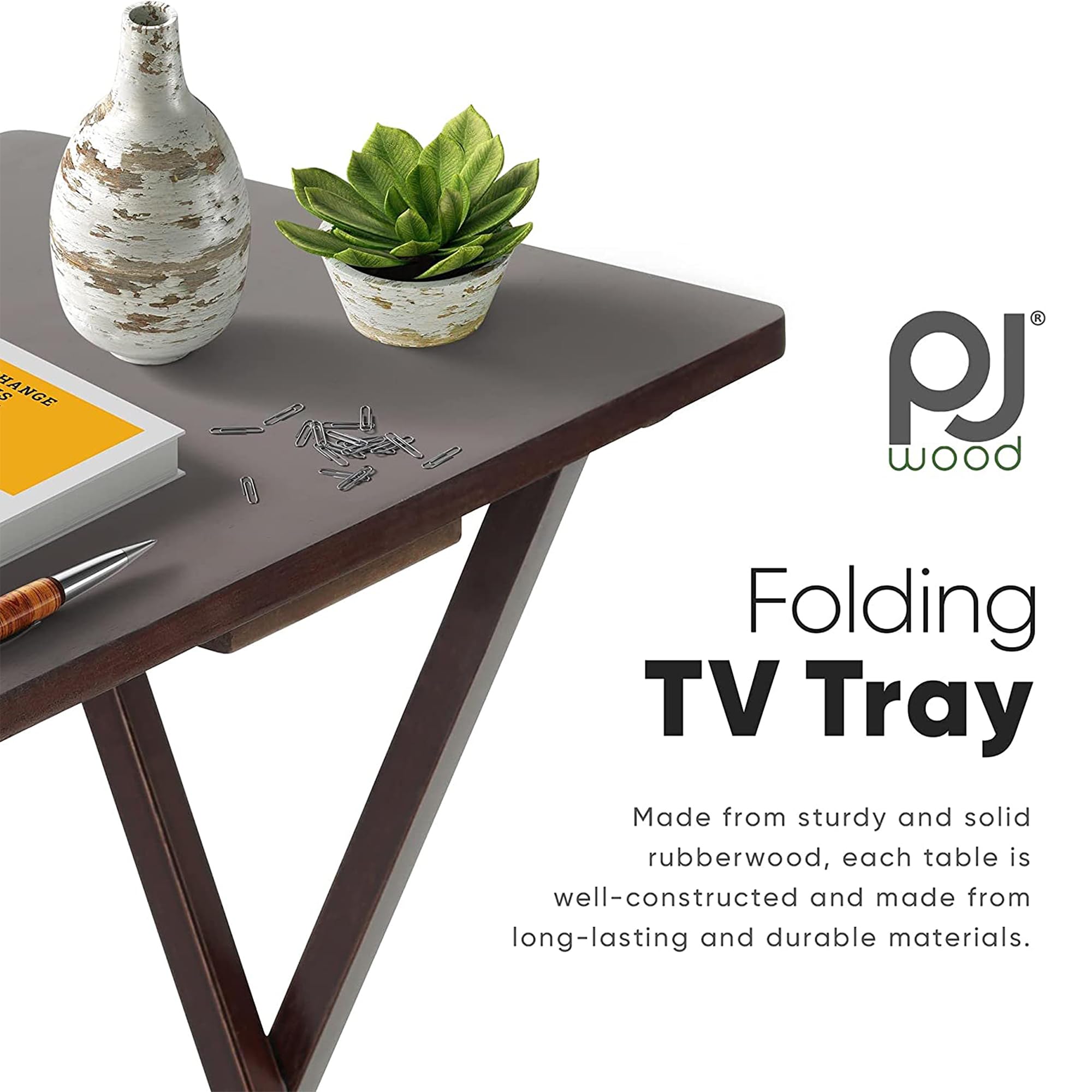 PJ Wood Solid & Sturdy Portable Folding TV Tray Table - Espresso Brown Wooden Snack Desk Serving Stand (8-Piece Set) - Perfect for Living Room, Bedroom, Office & Outdoor Use