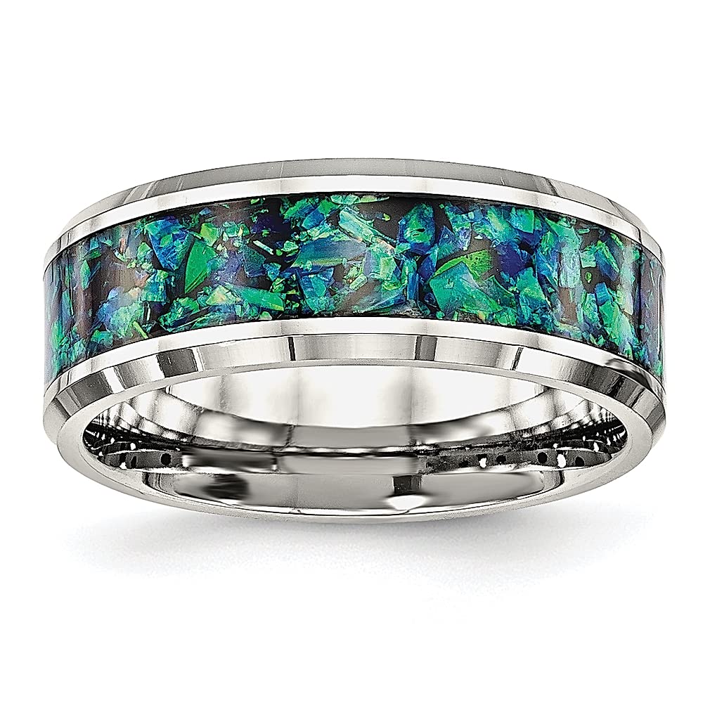 ICE CARATS 8mm Stainless Steel Blue Imitation Opal Wedding Ring for Men - Durable Fashion Jewelry, Gift for Dad, Husband & Boyfriend - Perfect for Anniversaries, Engagements & Special Occasions