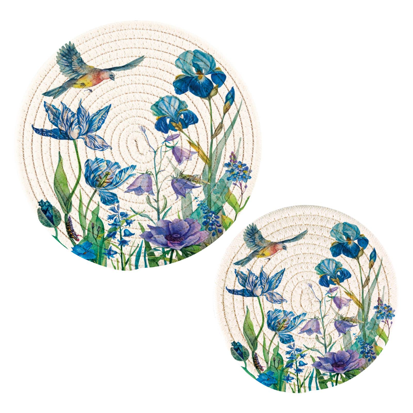 Summer Bird Floral Pot Holders & Trivets Set of 2 - Heat Resistant Cotton Woven Hot Pads for Pans, Bowls & Teapots - Spring Leaf Design Kitchen Decor for Dining Table & Countertop Protection
