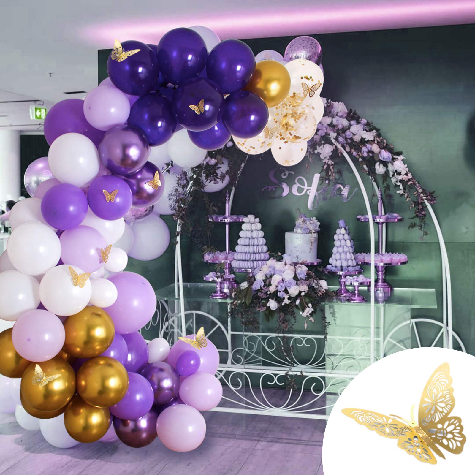 120pcs Purple Balloon Garland Kit with Gold Butterflies - Latex Balloon Arch Decor for Wedding, Baby Shower, Birthday Party | Perfect for Indoor/Outdoor Party Decorations, Photo Backdrops & Special Events
