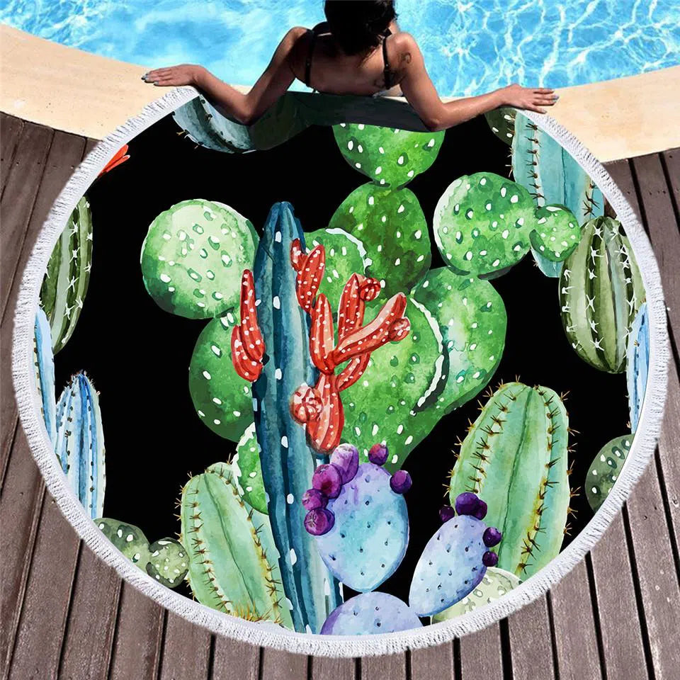Vibrant Cactus Print Round Beach Towel Set - Soft, Absorbent & Quick-Drying - Perfect for Pool, Beach, Picnics & Summer Outdoor Activities