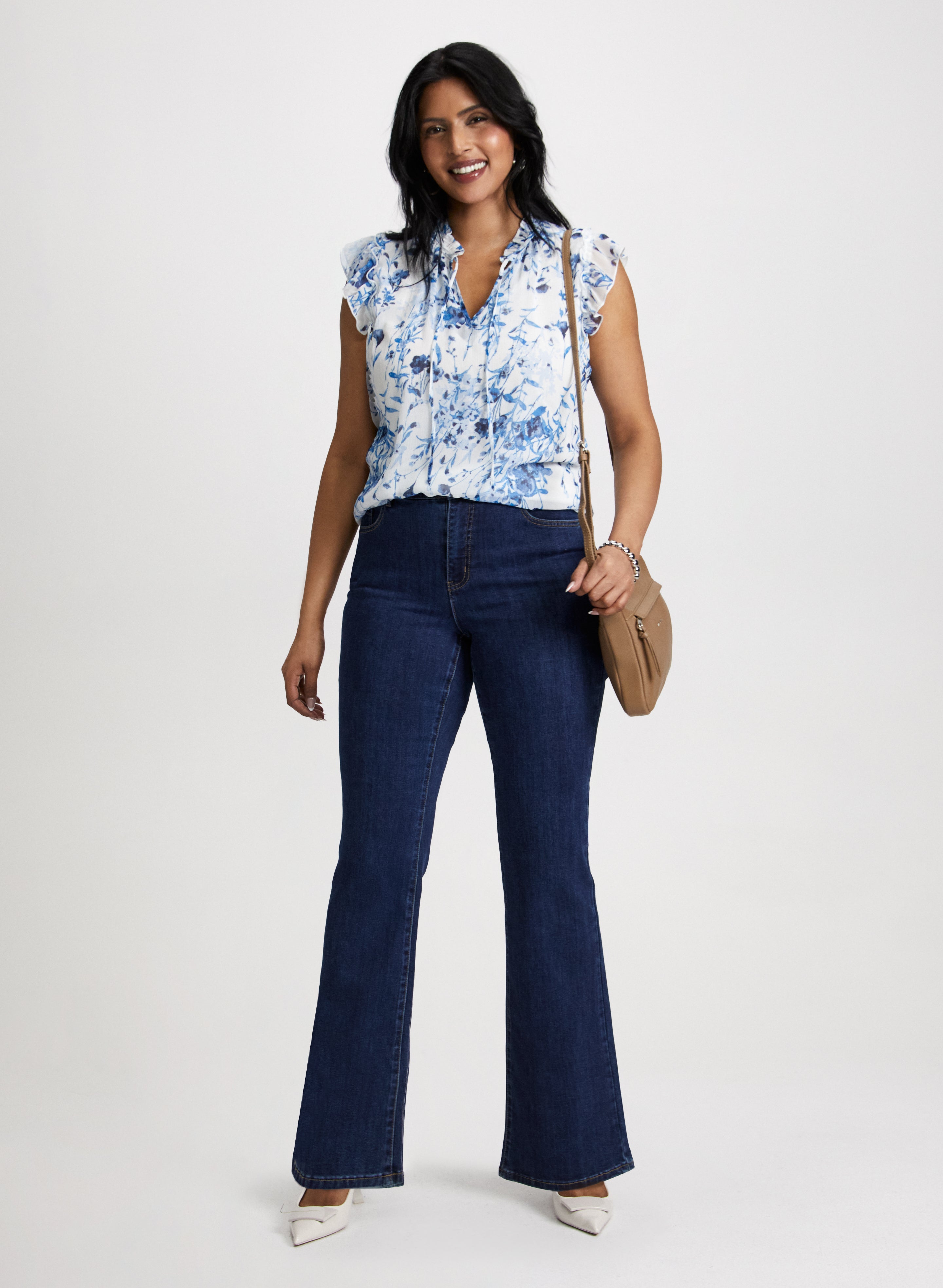 Floral Print Sleeveless Blouse & Bootcut Jeans Set - Women's Summer Outfit for Casual Wear, Date Night & Office Fashion