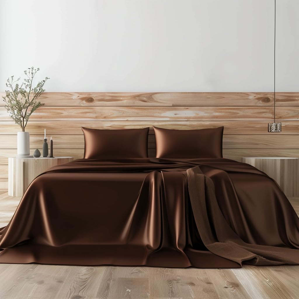 Luxury Candoury Satin Sheets 6-Piece Queen Size Bedding Set - Soft Silky Pillowcases, Flat & Fitted Sheet - Hotel Quality Brown Bed Sheets for Ultimate Comfort | Perfect for Master Bedroom, Guest Room & Airbnb Stays