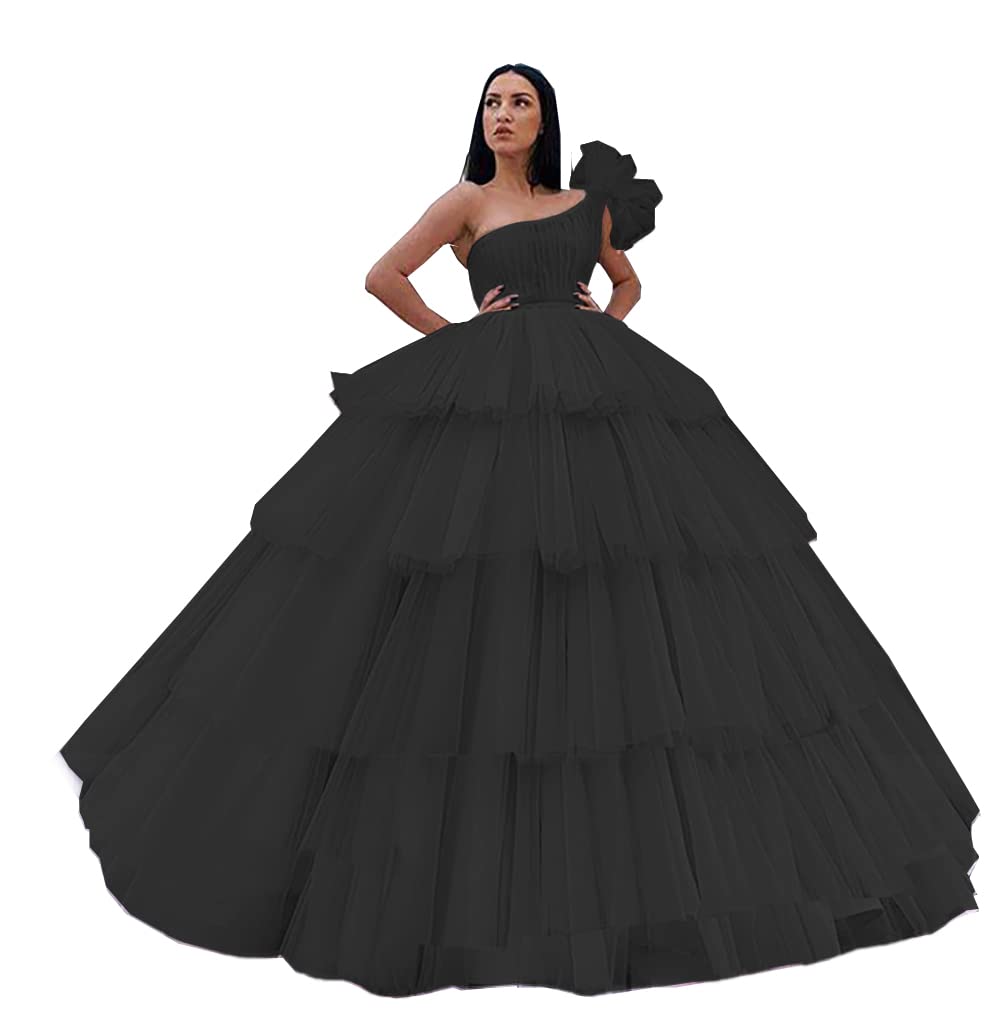 XIMILU Women's One Shoulder Quinceanera Dress Ball Gown - Elegant Tiered Pleats Long Tulle Formal Prom Gown for Sweet 16, Homecoming, Wedding & Special Occasions