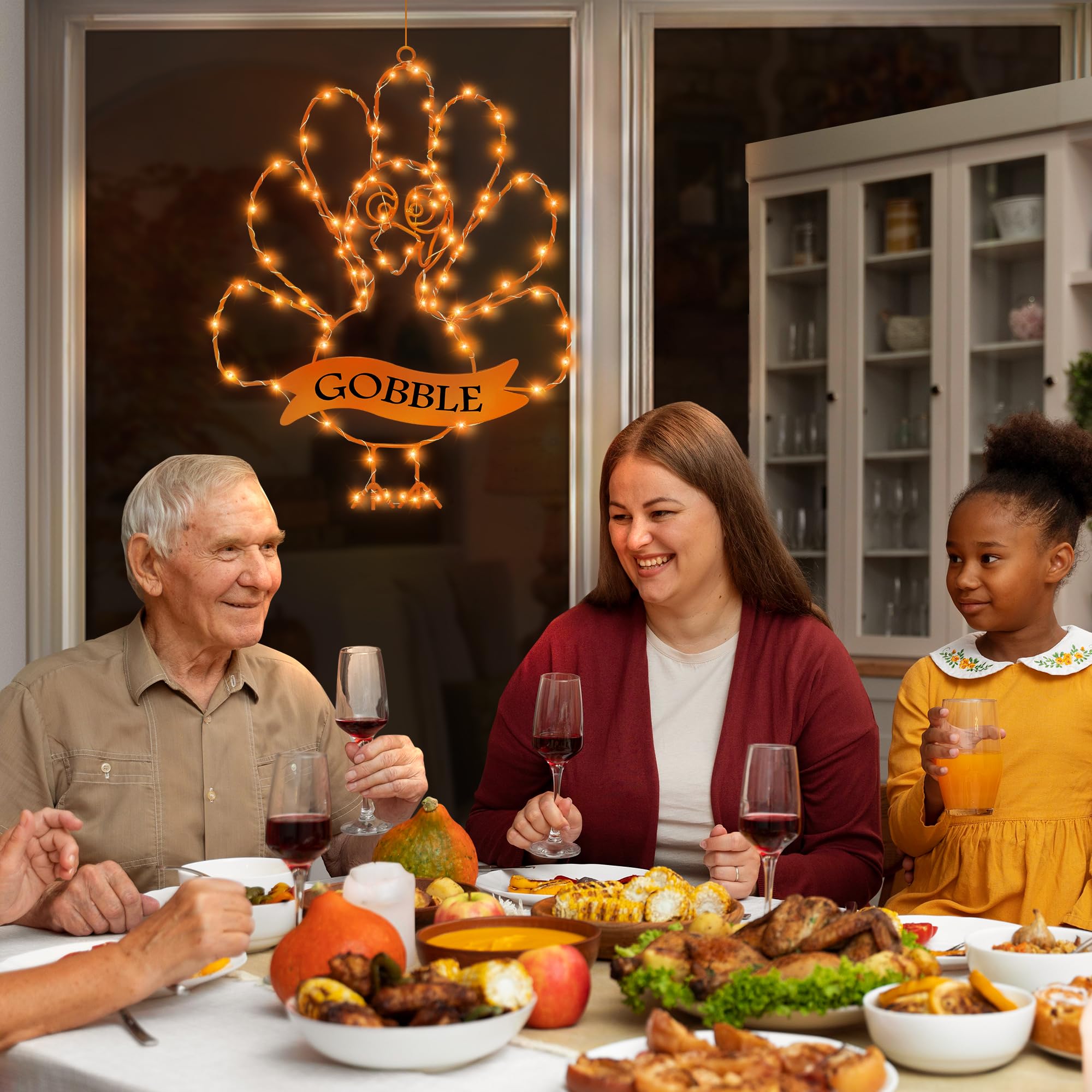 Battery Operated Thanksgiving Window Lights - 8 Modes Timer Silhouette Decor for Turkey Day | Orange LED Indoor String Lights for Home, Living Room & Thanksgiving Party Decorations | Perfect for Holiday Window Displays & Festive Atmosphere
