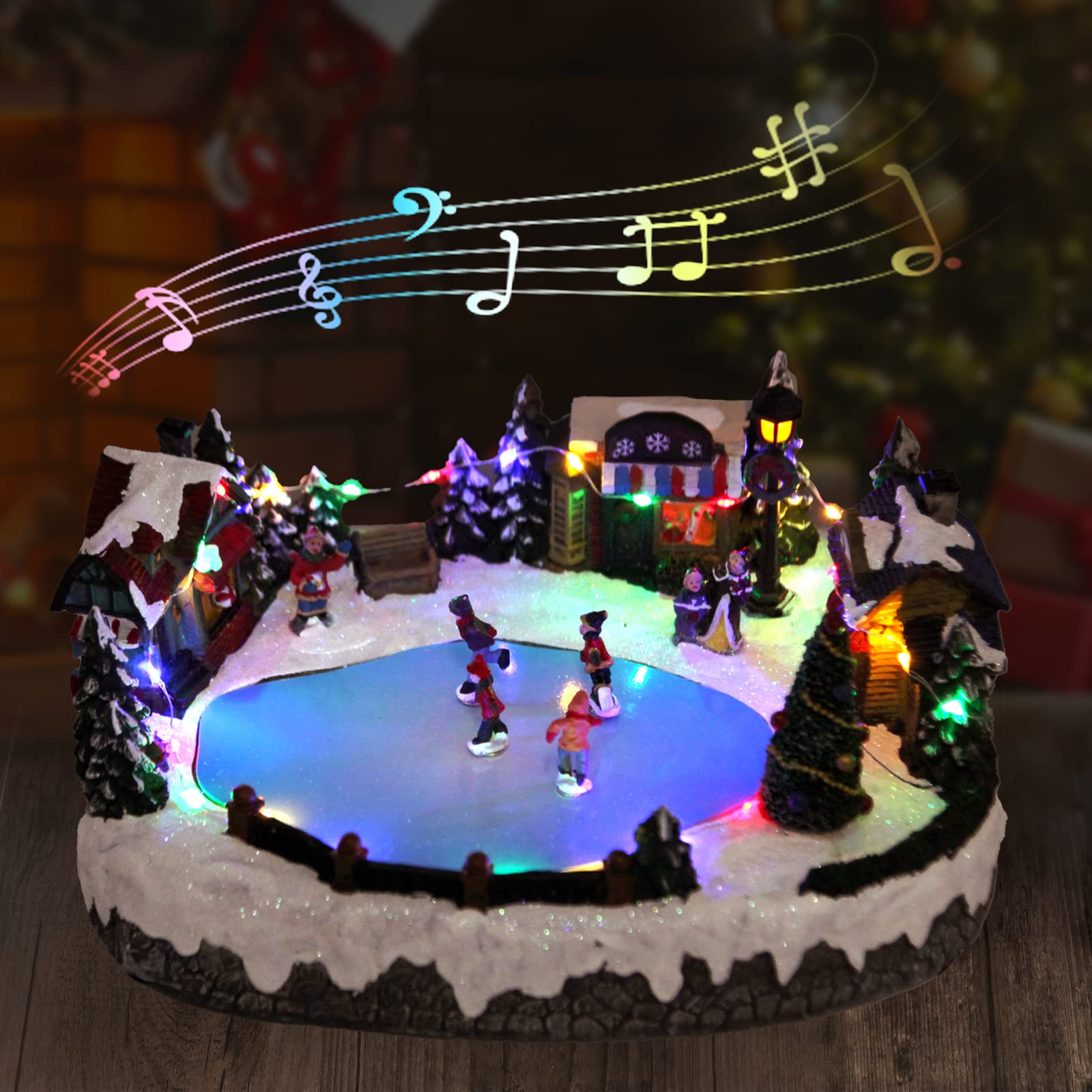 Christmas Village Snow Globe with Spinning Train & 8 Musical Tunes - Collectible Holiday Decoration for Home, Kids Room, Office Desk | Perfect Christmas Gift for Boys & Girls (Skating Scene)