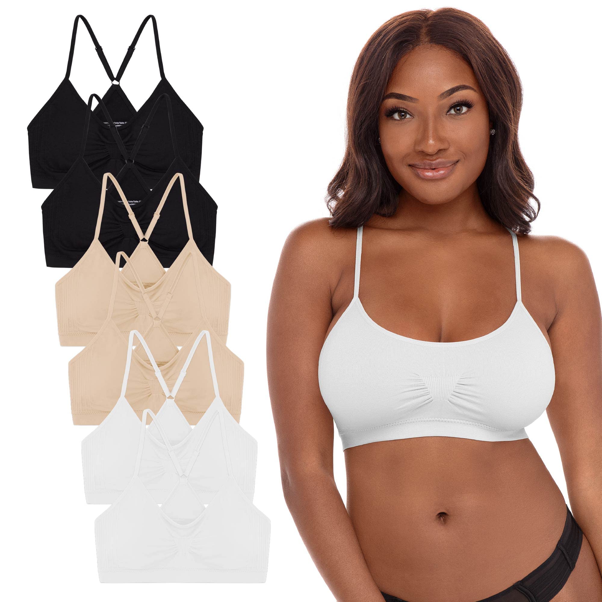 6 Pack Seamless Wirefree Sports Bras for Women - Adjustable Straps, Removable Pads & Back Support - Yoga, Sleep, Workout & Everyday Comfort Wear