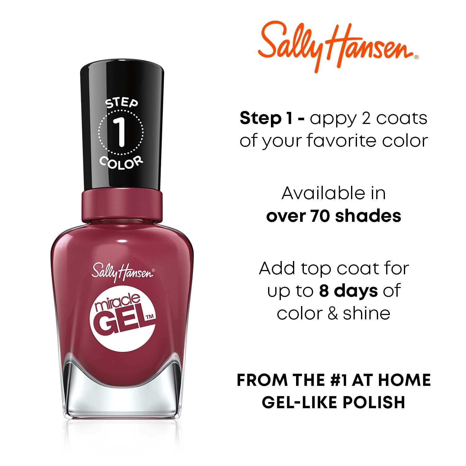 Sally Hansen Miracle Gel™ Bordeaux Glow Red Nail Polish - Long Lasting Gel-Like Formula, No UV Lamp Needed - Perfect for Manicures, Pedicures & Special Occasions