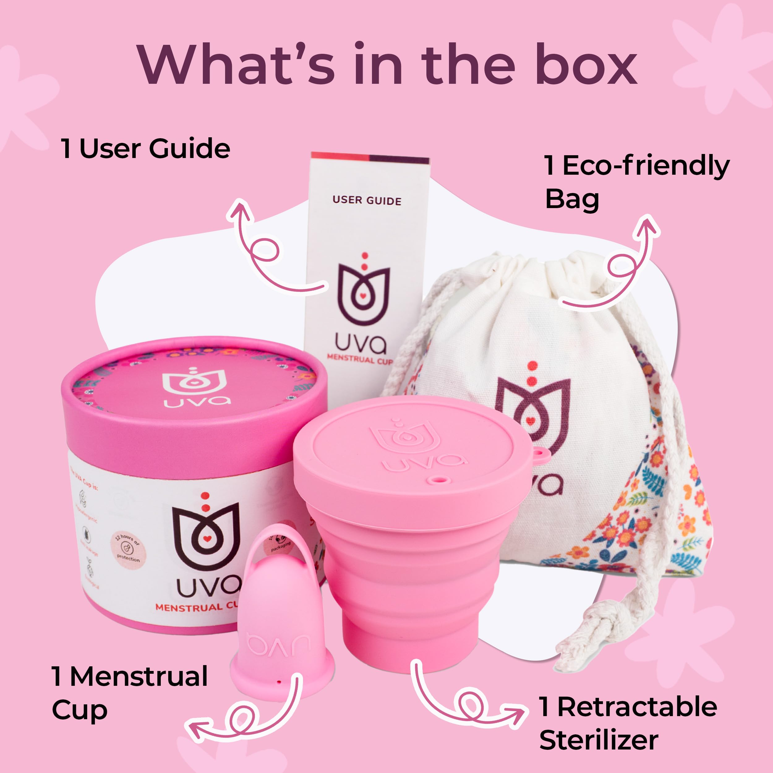 UVA 2 Reusable Menstrual Cup Kit - Size 0 for Light Flow - 10-Year Durable & Leak-Proof Medical Grade Silicone - Small Menstrual Cup with Sterilizer & Travel Pouch - Perfect for Active Lifestyles, Travel, and Eco-Friendly Period Care