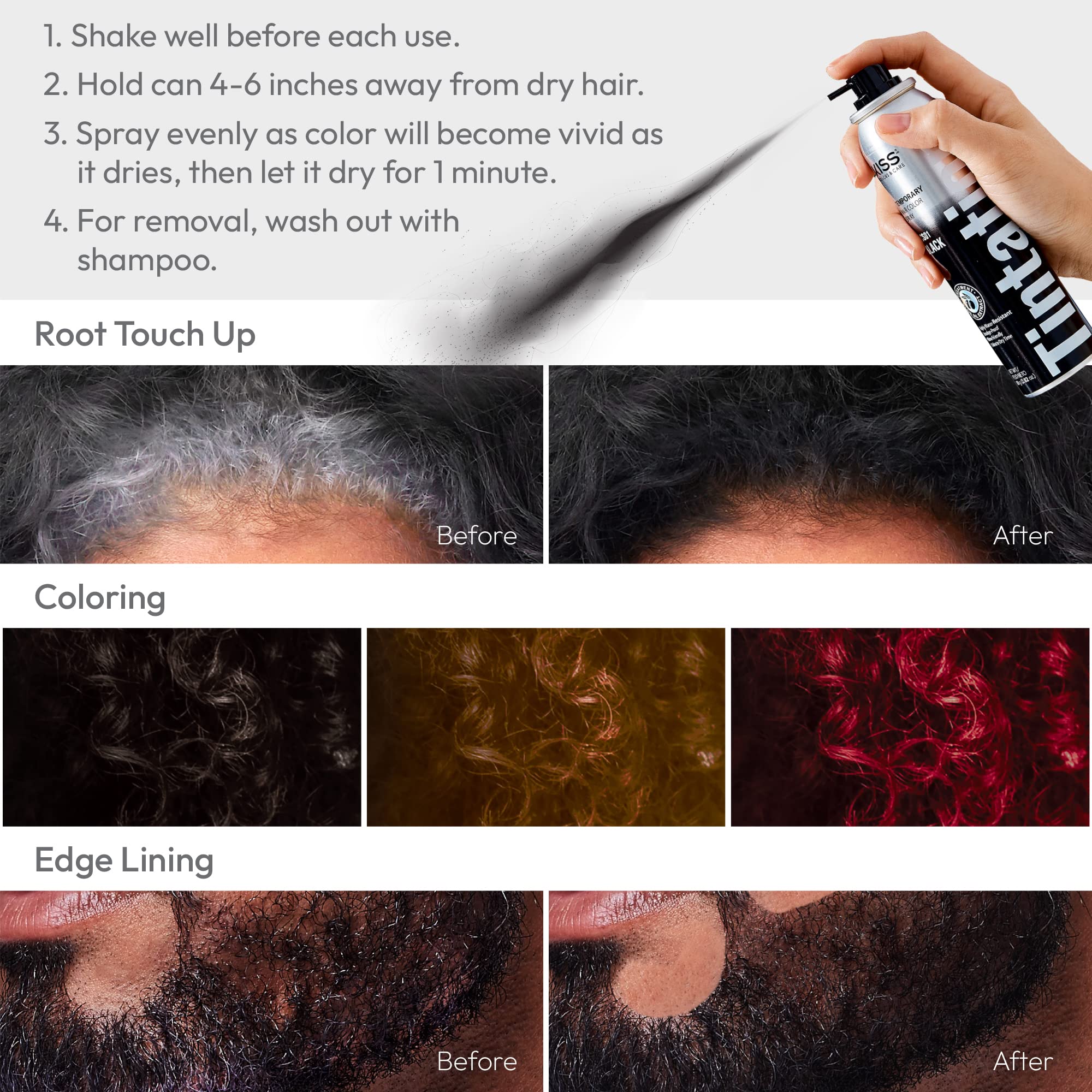 Red by Kiss Tintation Temporary Hair Color Spray - Jet Black (6 oz) | Instant Gray Root & Hairline Touch Up | Water-Resistant, Smudge-Proof & Quick-Dry Formula | Easy Wash Out | Professional Barber Use & DIY Home Styling | Perfect for Covering Roots, Enhancing Hairstyles & Special Occasions